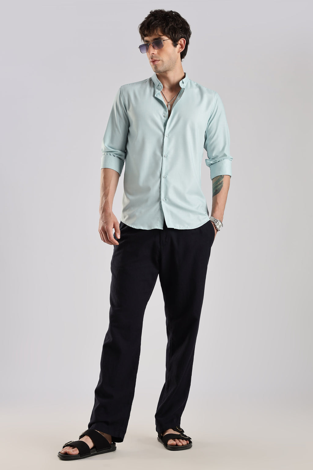 Men Liquid Nylon Plain Shirts-Sky Blue