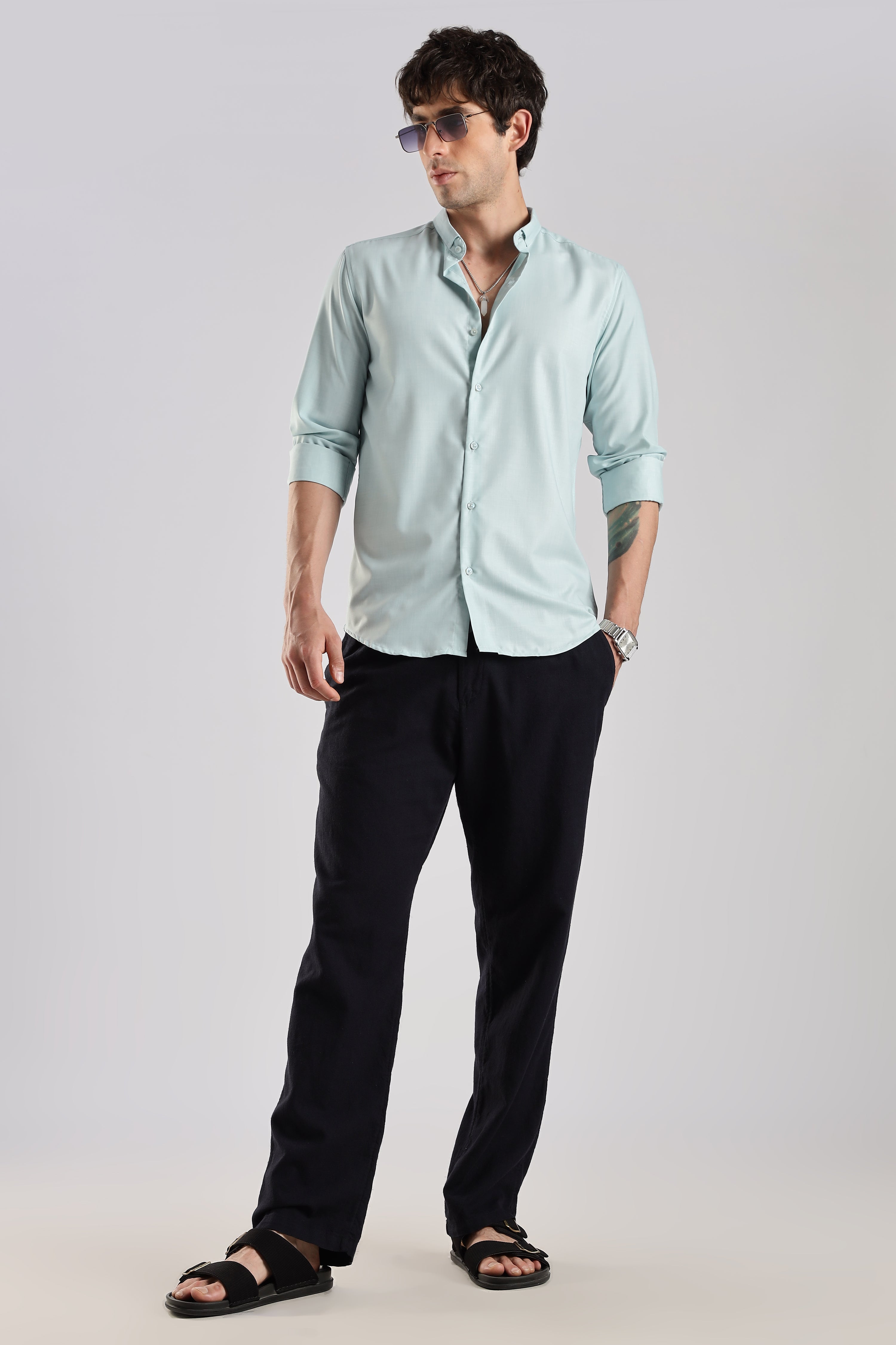 Men Liquid Nylon Plain Shirts-Sky Blue