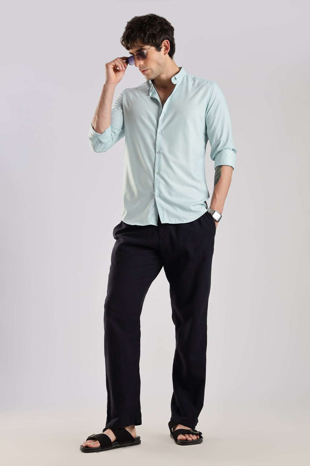 Men Liquid Nylon Plain Shirts-Sky Blue