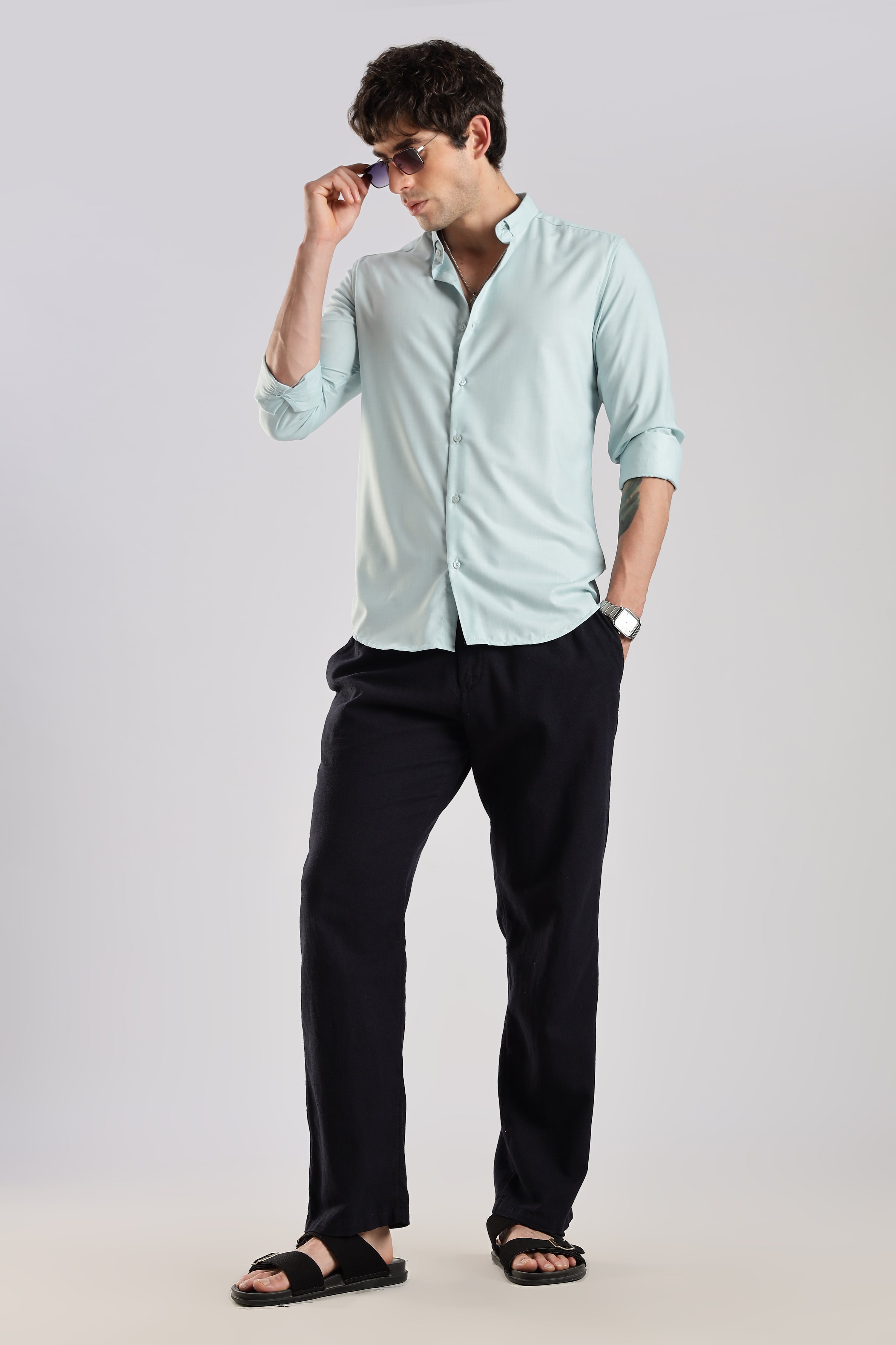 Men Liquid Nylon Plain Shirts-Sky Blue