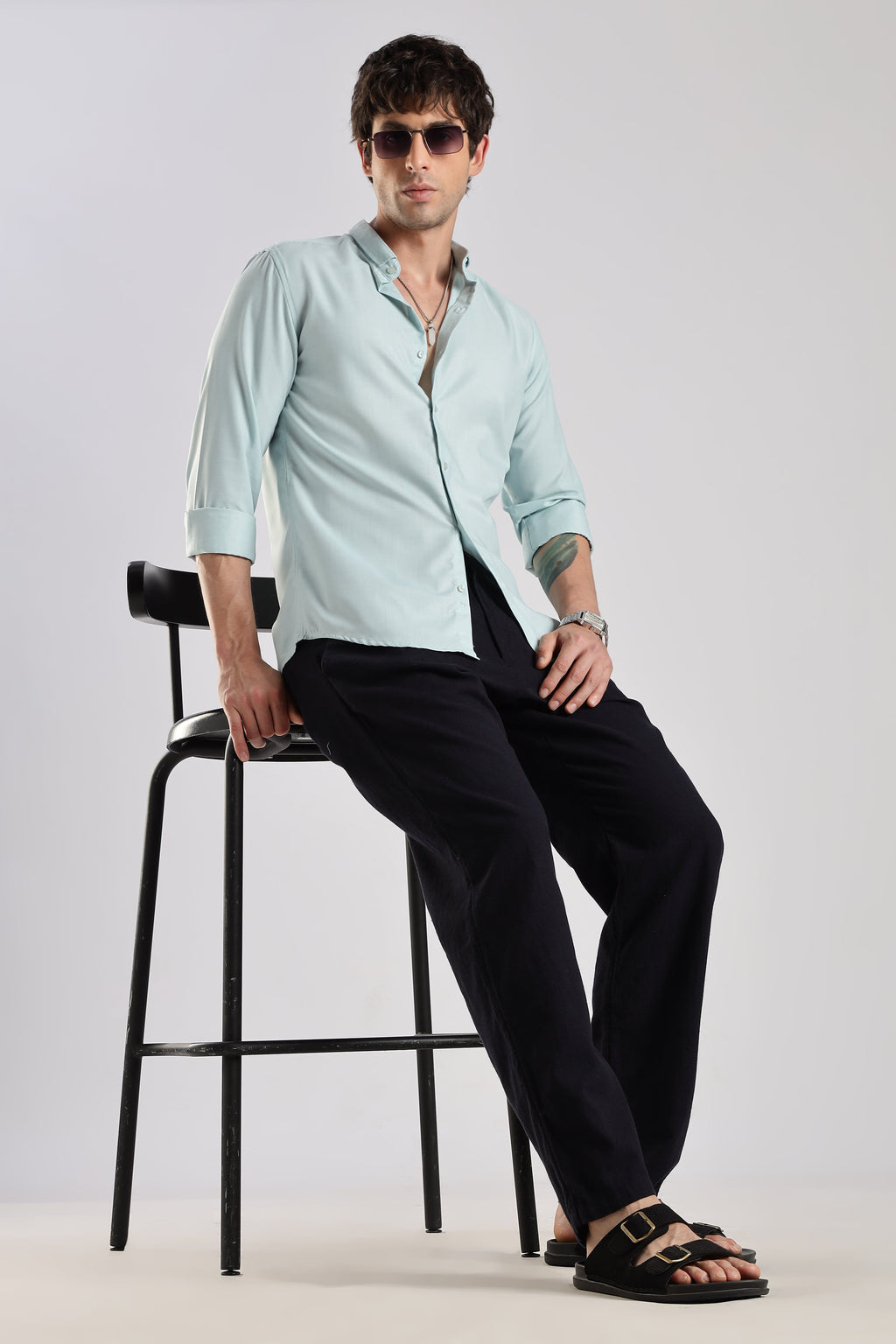 Men Liquid Nylon Plain Shirts-Sky Blue