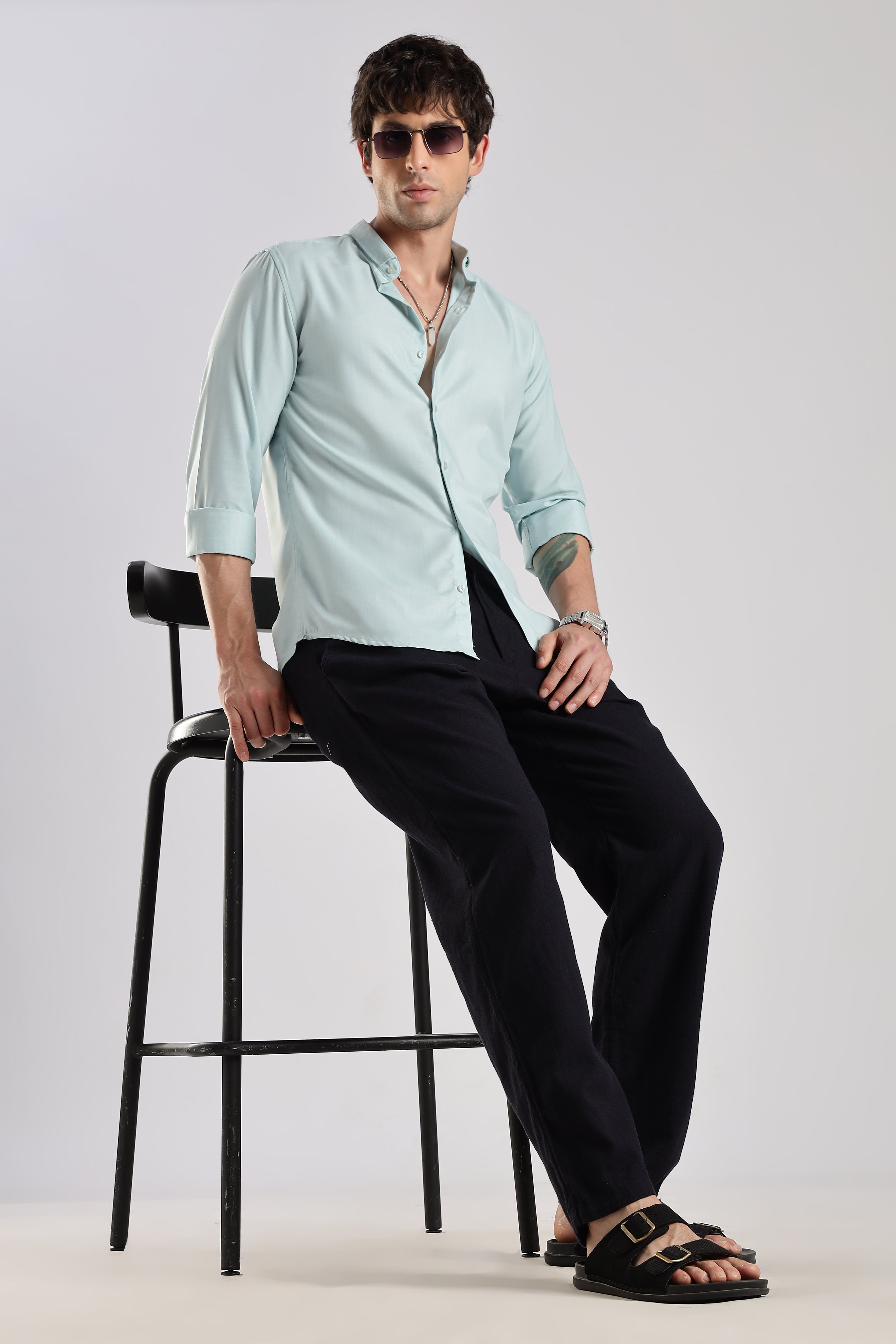 Men Liquid Nylon Plain Shirts-Sky Blue