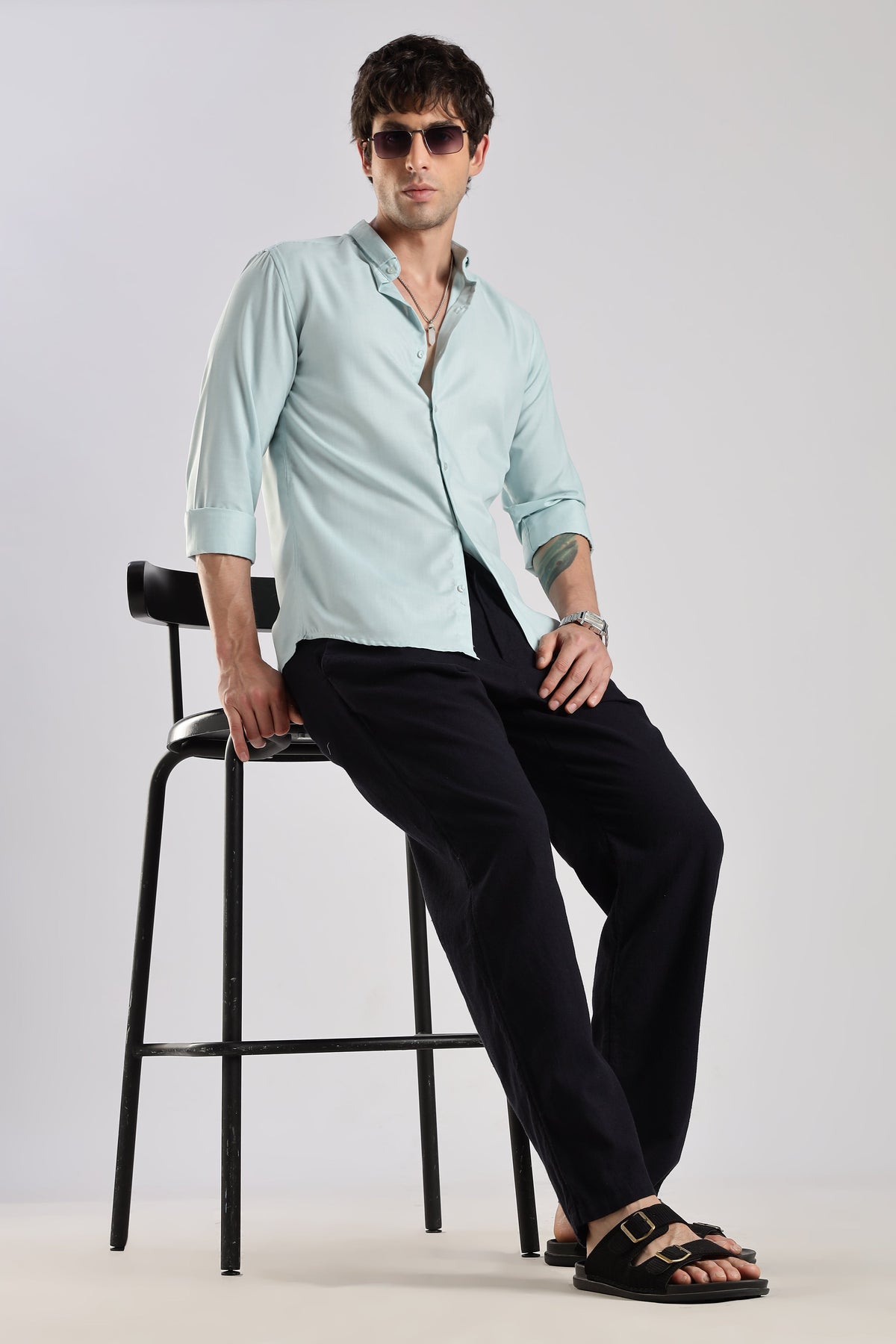 Men Liquid Nylon Plain Shirts-Sky Blue