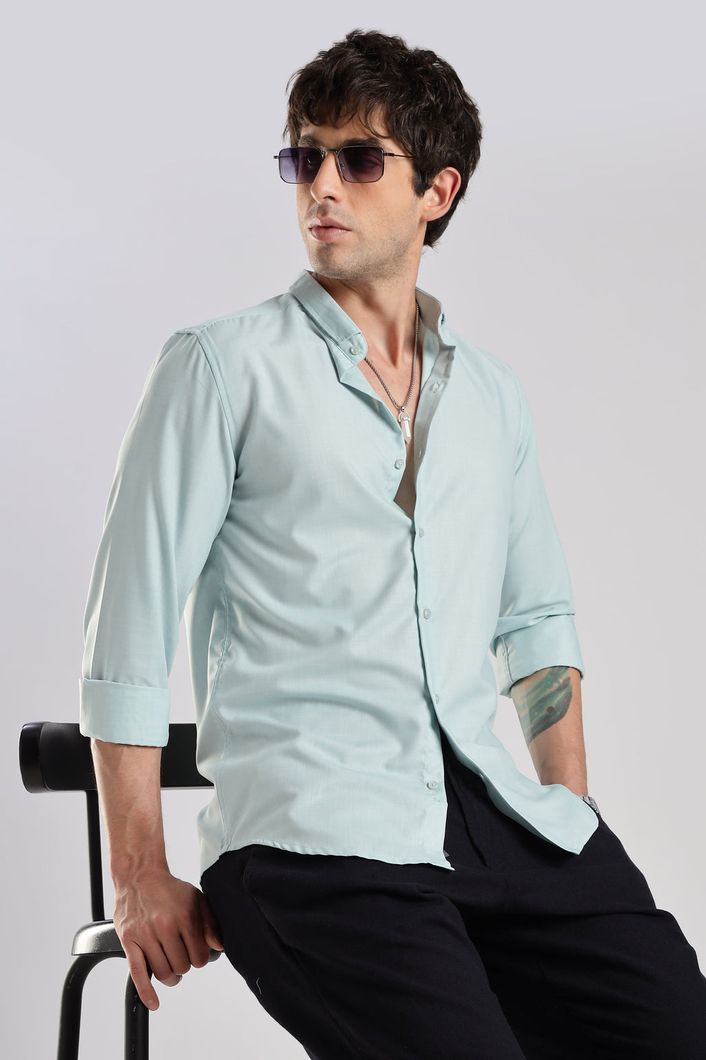 Men Liquid Nylon Plain Shirts-Sky Blue