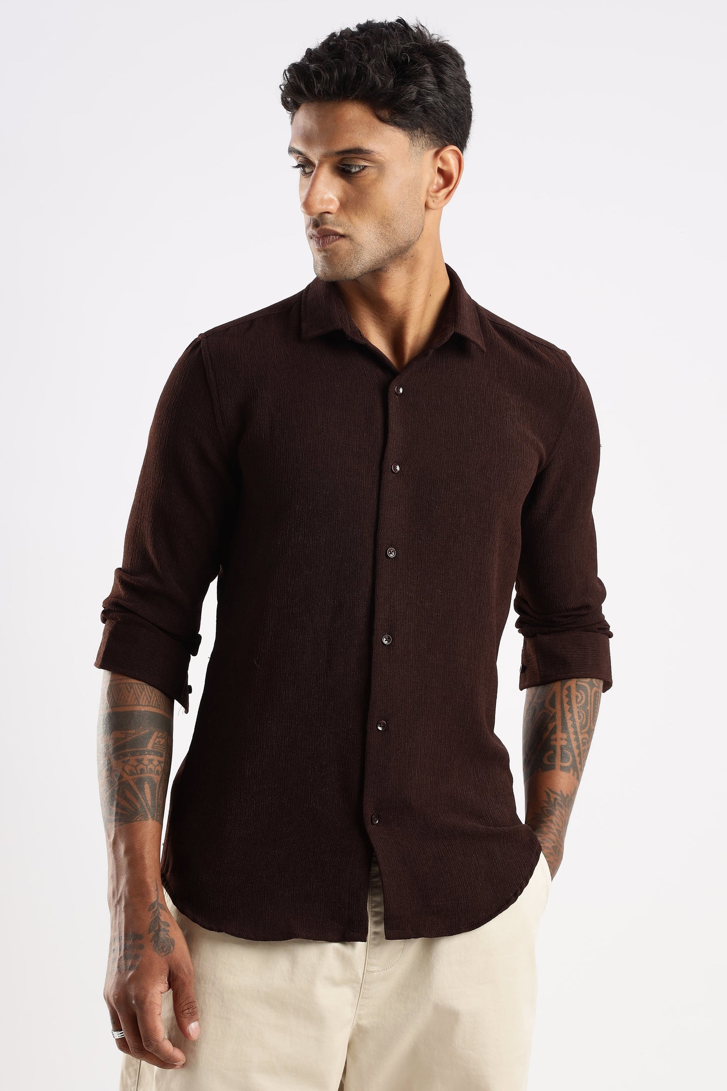 Men Textured Shirt-Brown