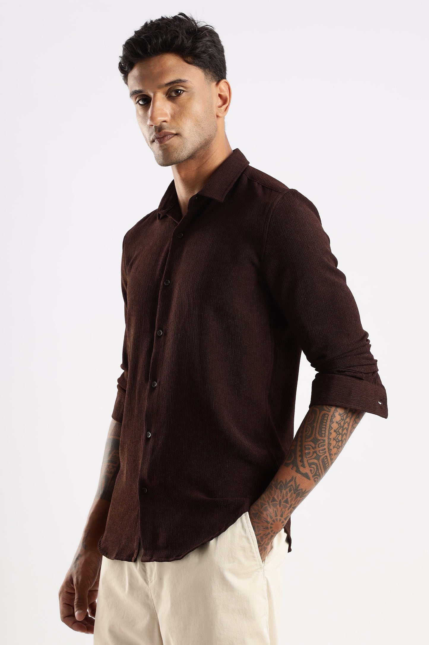 Men Textured Shirt-Brown