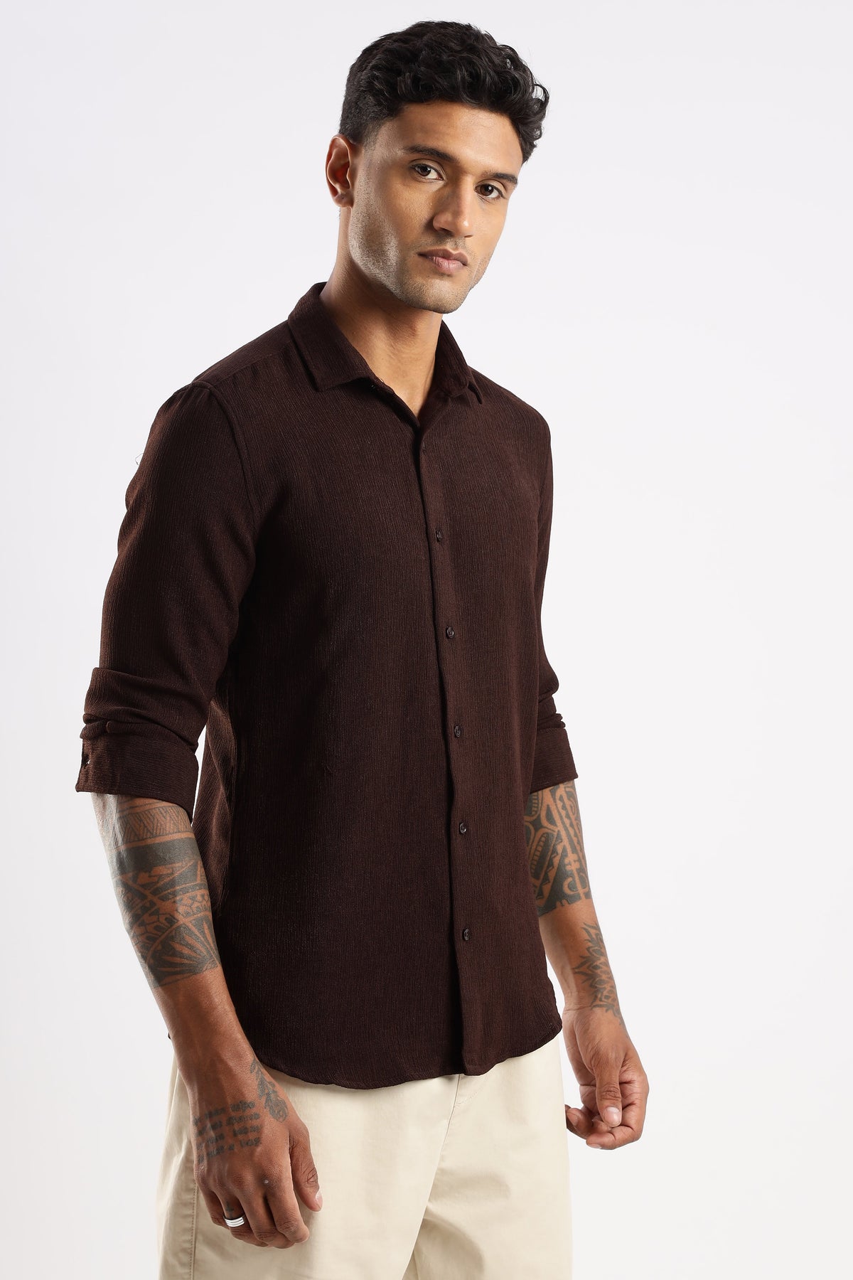 Men Textured Shirt-Brown