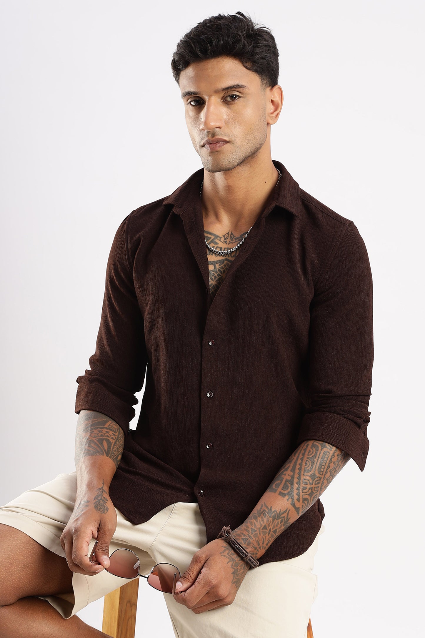 Men Textured Shirt-Brown
