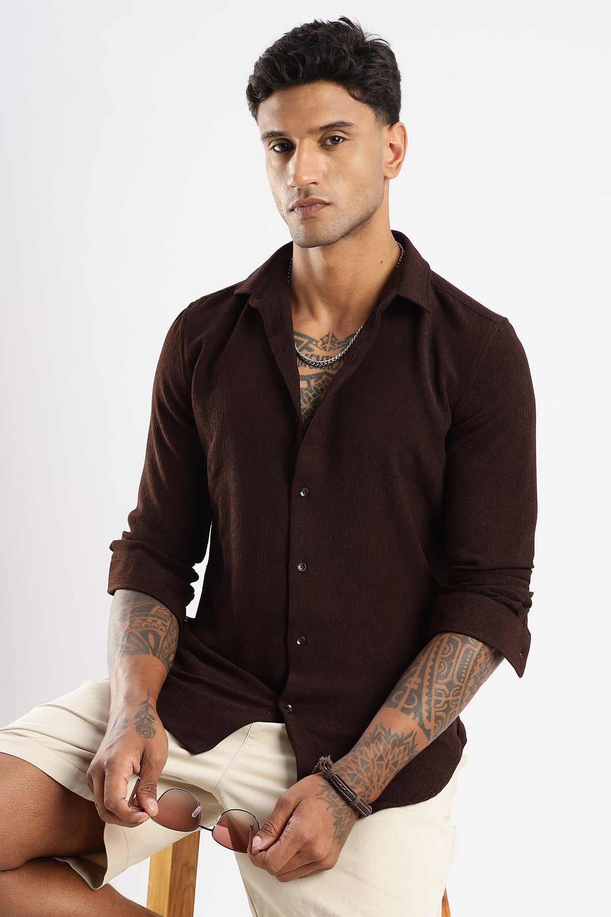 Men Textured Shirt-Brown
