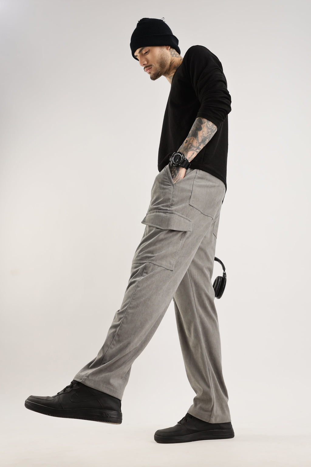 Men Corduroy Relaxed Cargo-Lt Grey