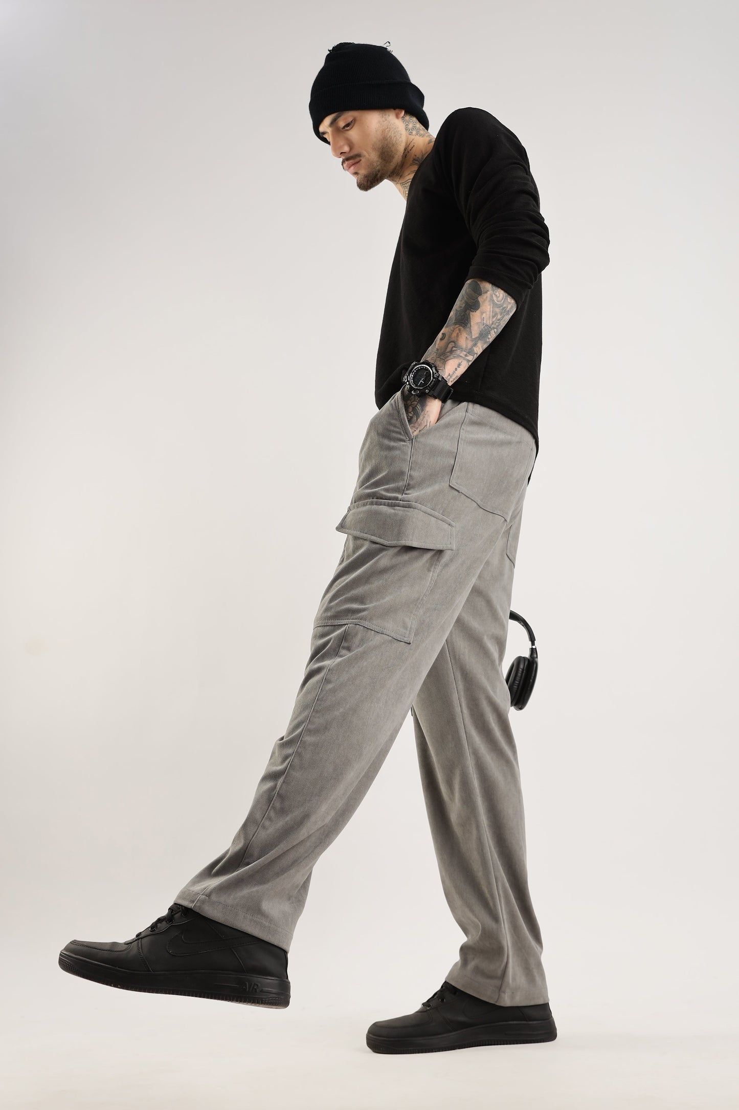 Men Corduroy Relaxed Cargo-Lt Grey