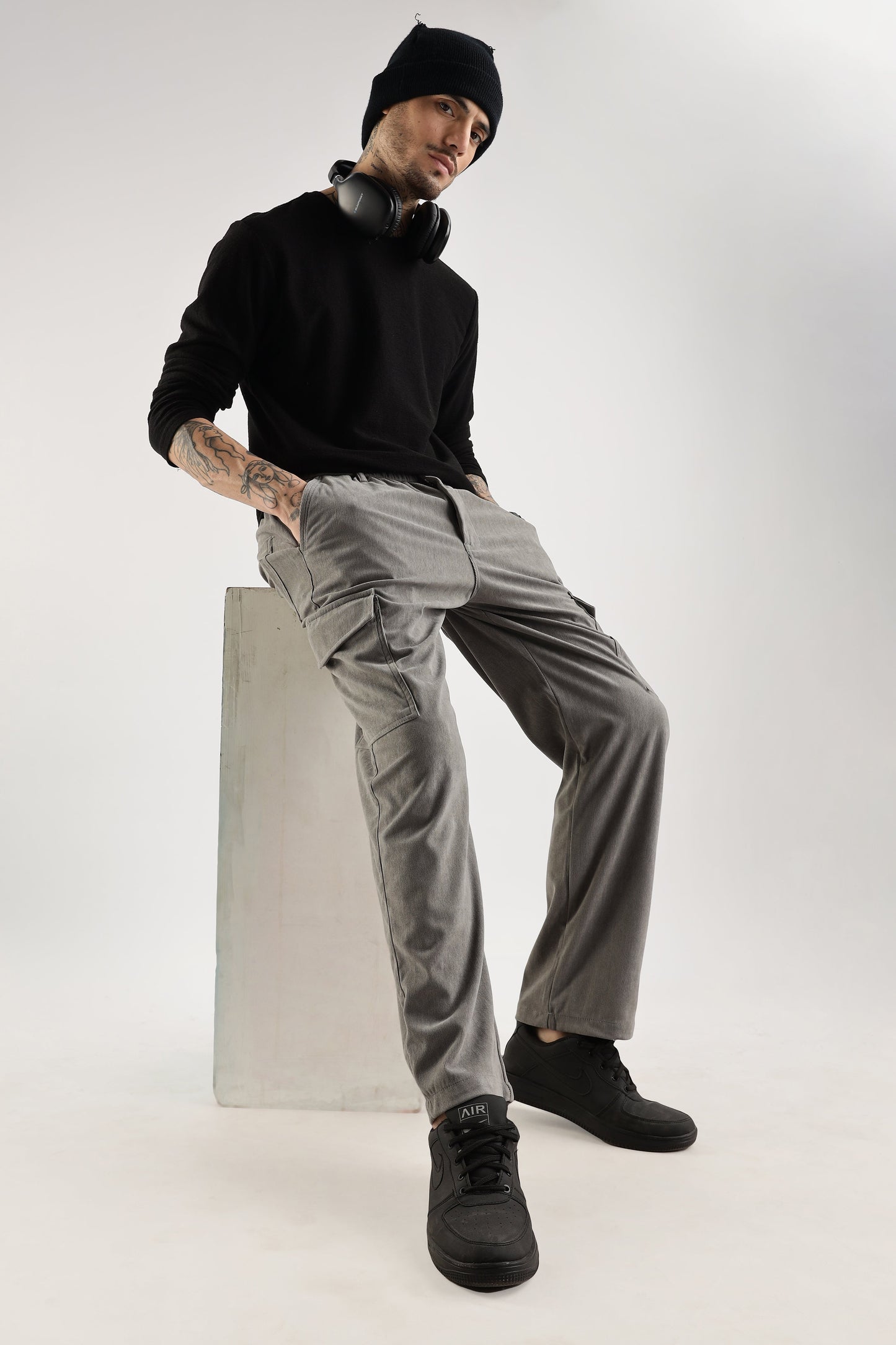 Men Corduroy Relaxed Cargo-Lt Grey