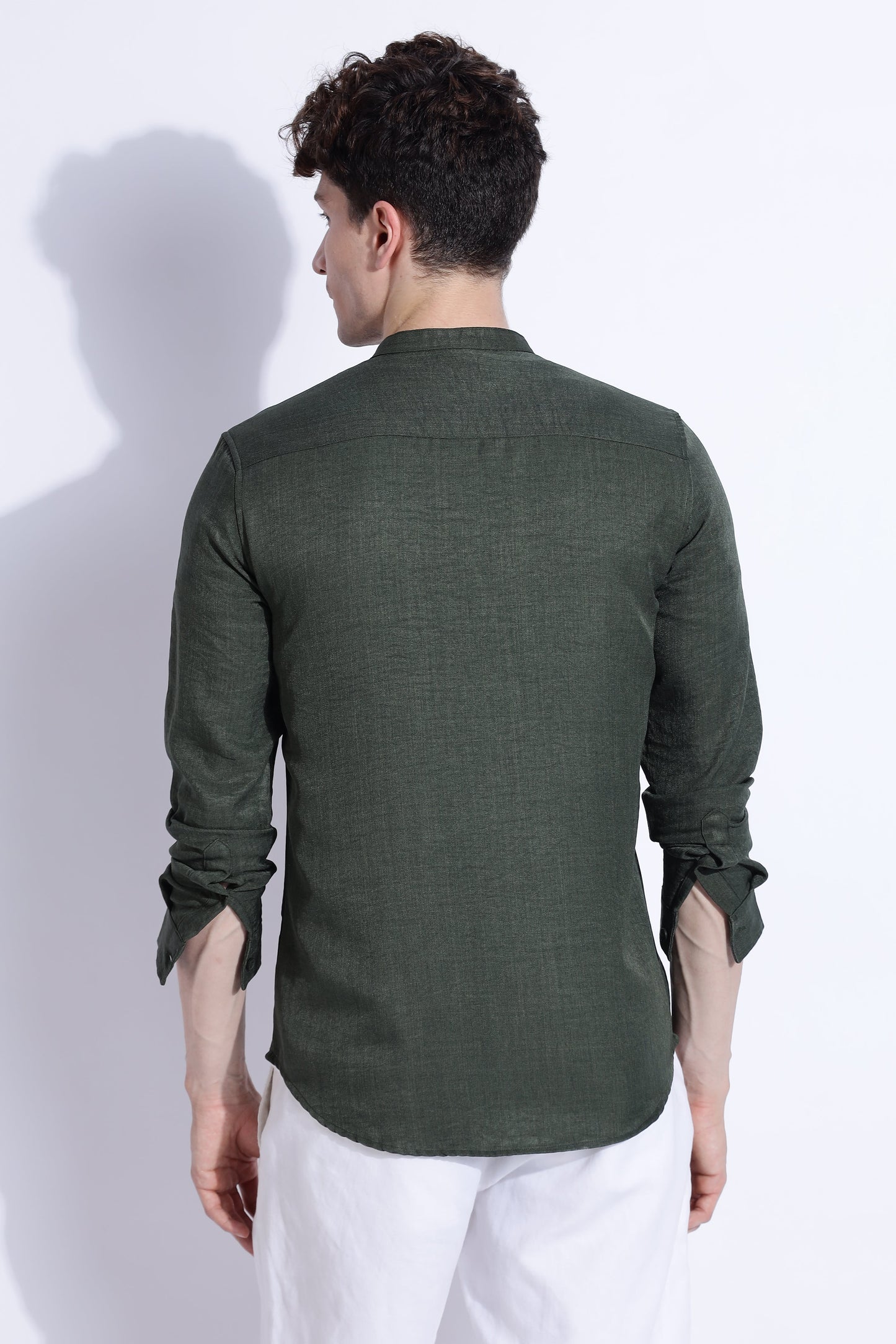 Men Air Linen Like DP Mandarine Shirt-Olive