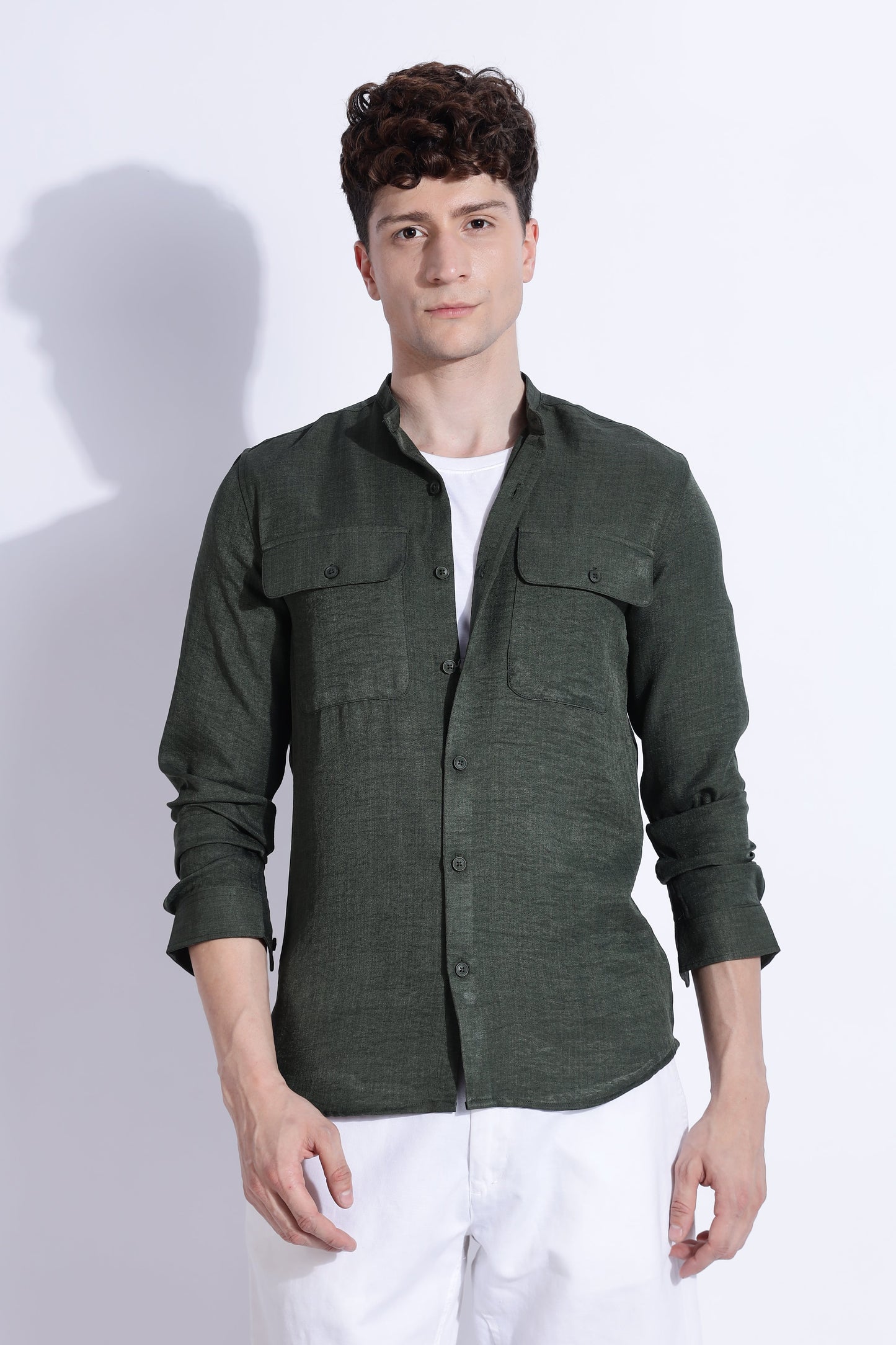 Men Air Linen Like DP Mandarine Shirt-Olive