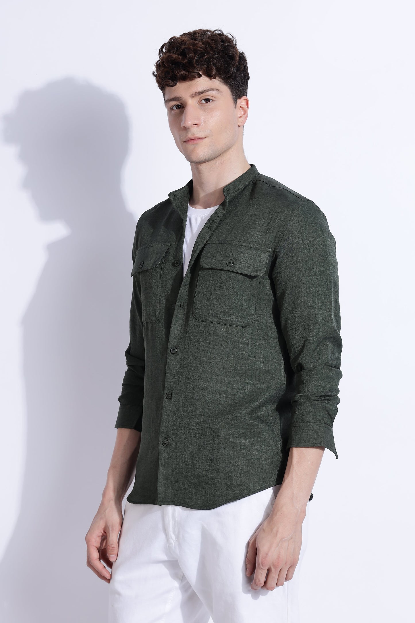 Men Air Linen Like DP Mandarine Shirt-Olive