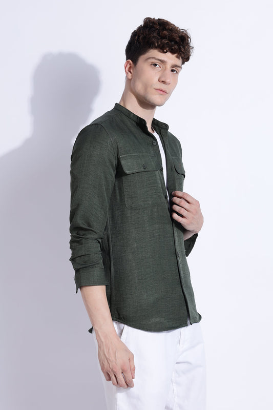 Men Air Linen Like DP Mandarine Shirt-Olive