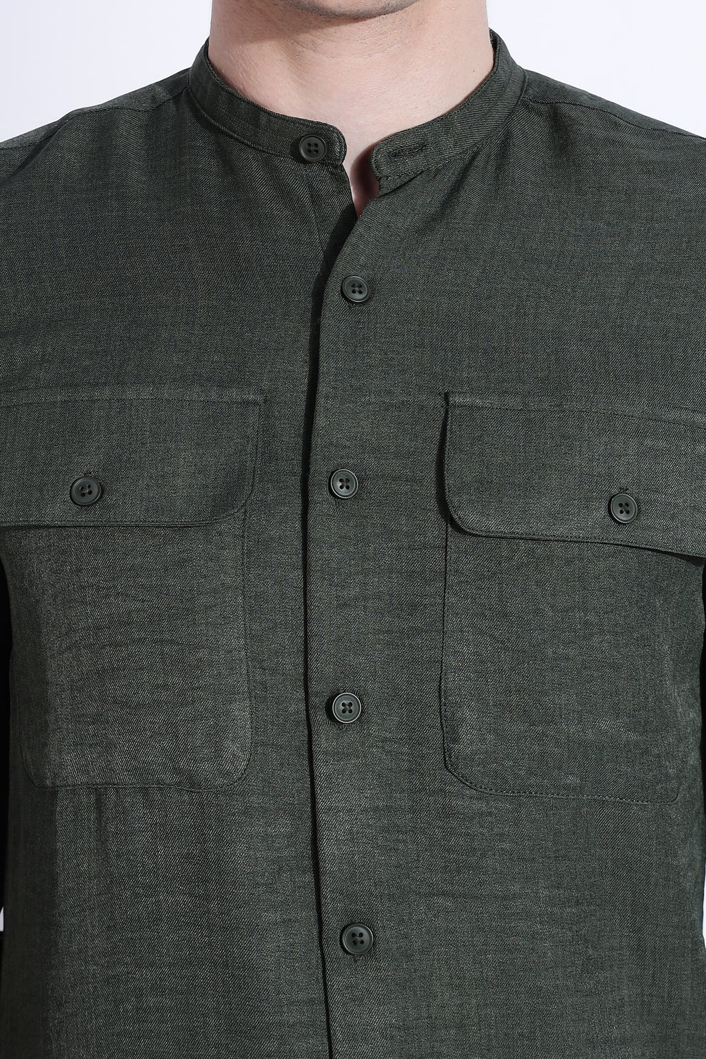 Men Air Linen Like DP Mandarine Shirt-Olive