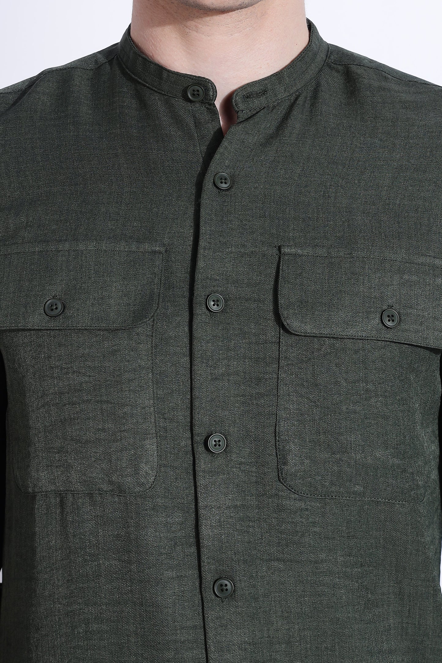 Men Air Linen Like DP Mandarine Shirt-Olive
