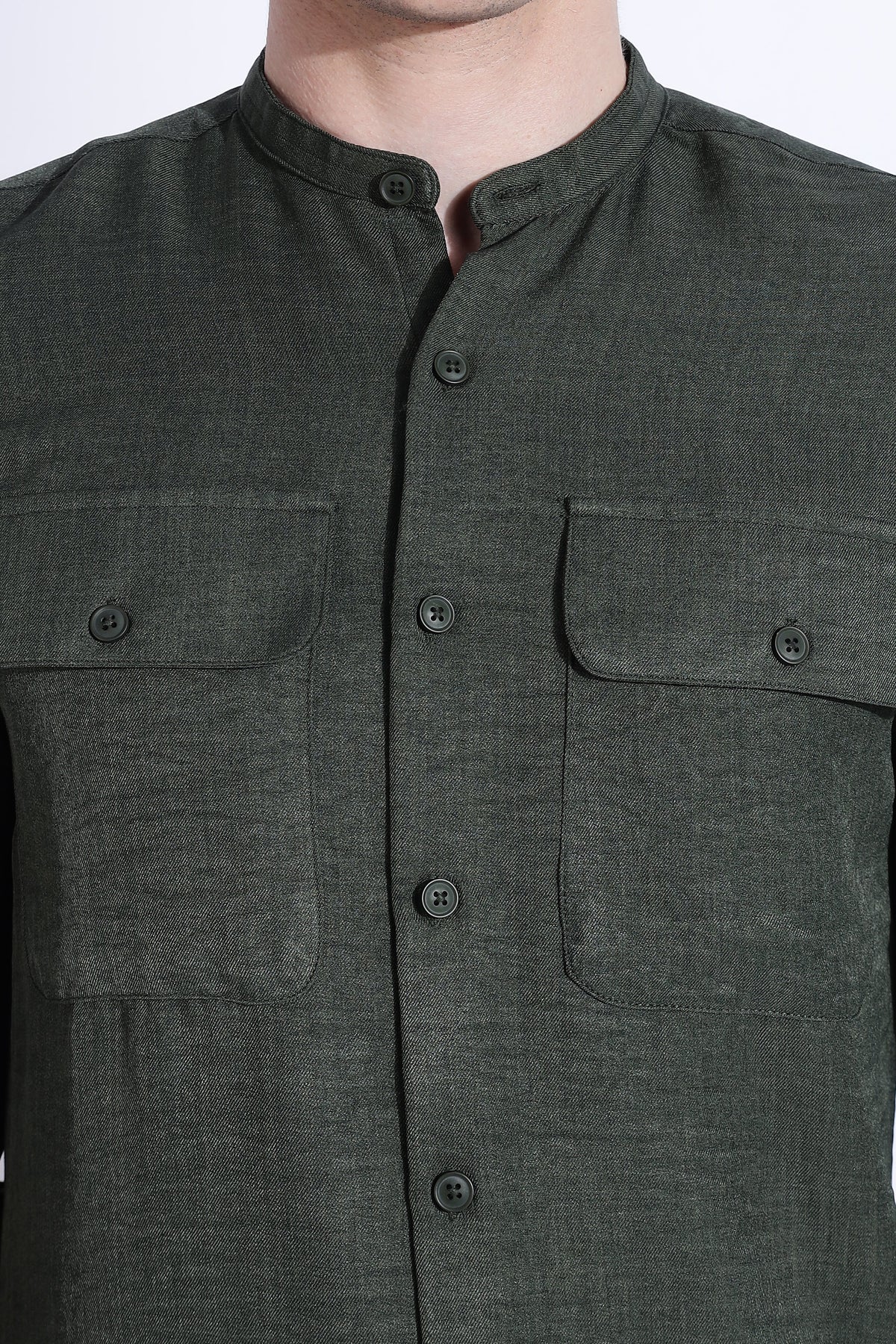 Men Air Linen Like DP Mandarine Shirt-Olive