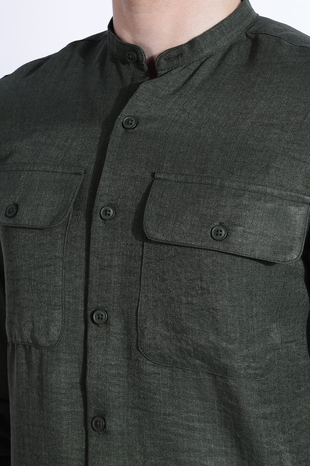 Men Air Linen Like DP Mandarine Shirt-Olive