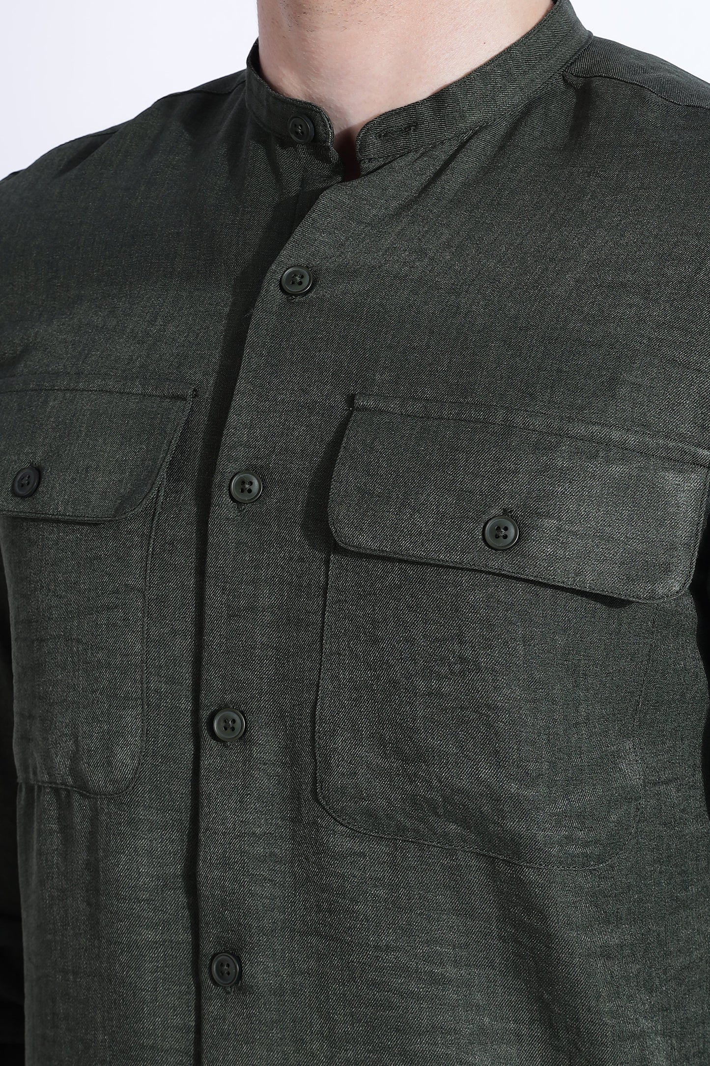 Men Air Linen Like DP Mandarine Shirt-Olive