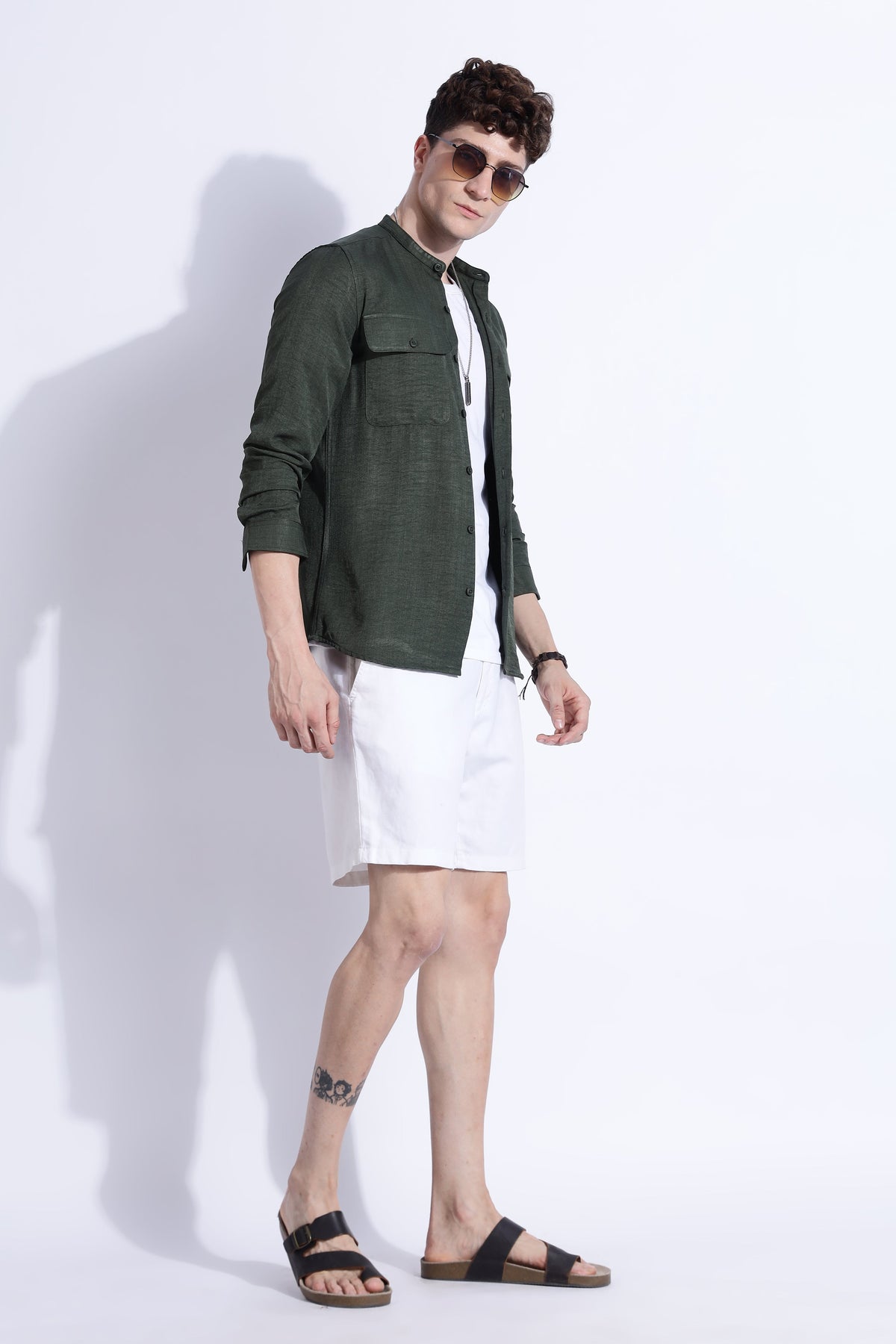 Men Air Linen Like DP Mandarine Shirt-Olive