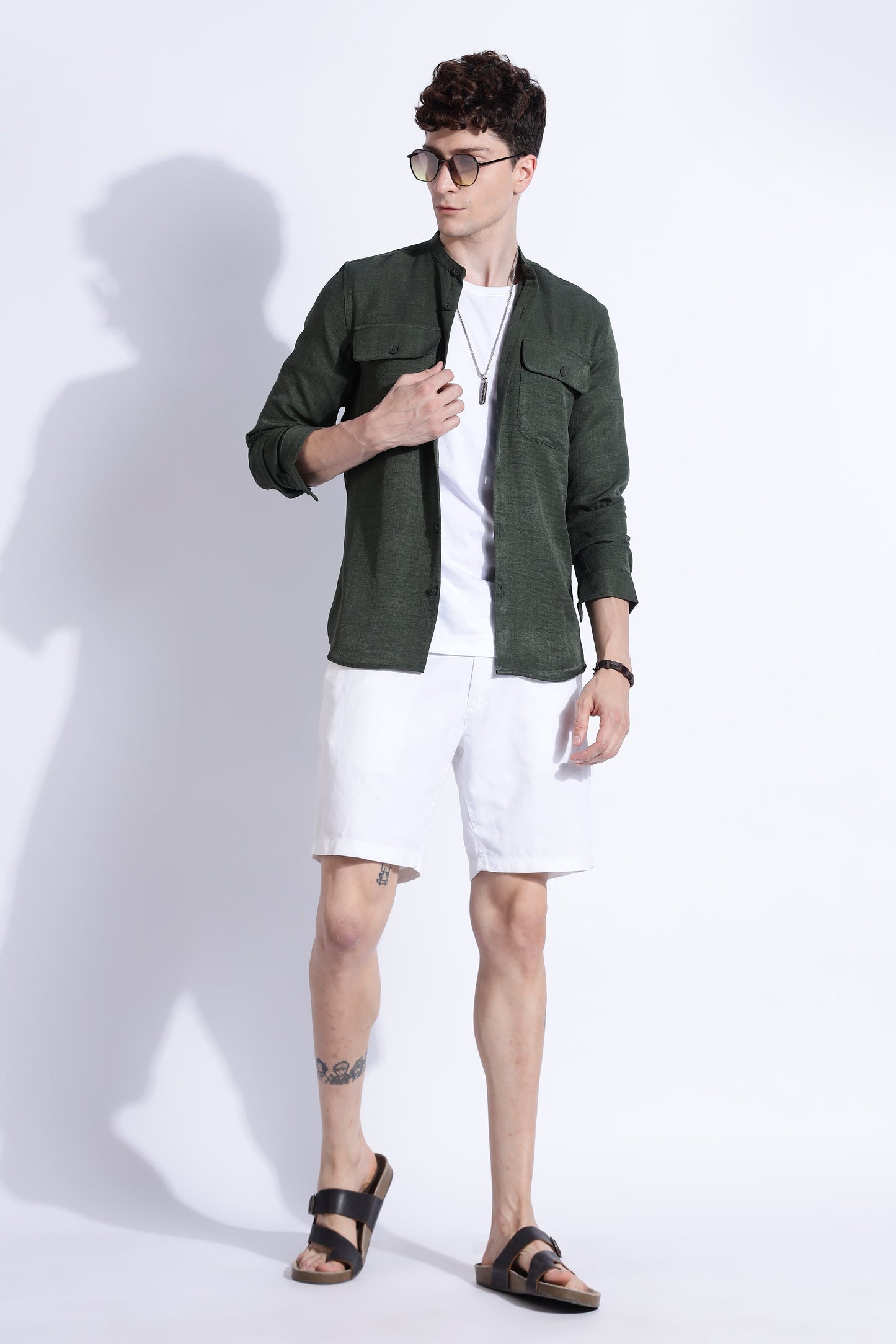 Men Air Linen Like DP Mandarine Shirt-Olive