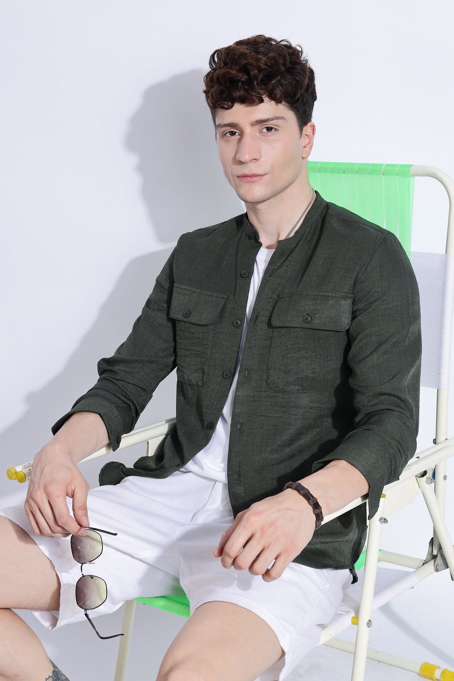 Men Air Linen Like DP Mandarine Shirt-Olive