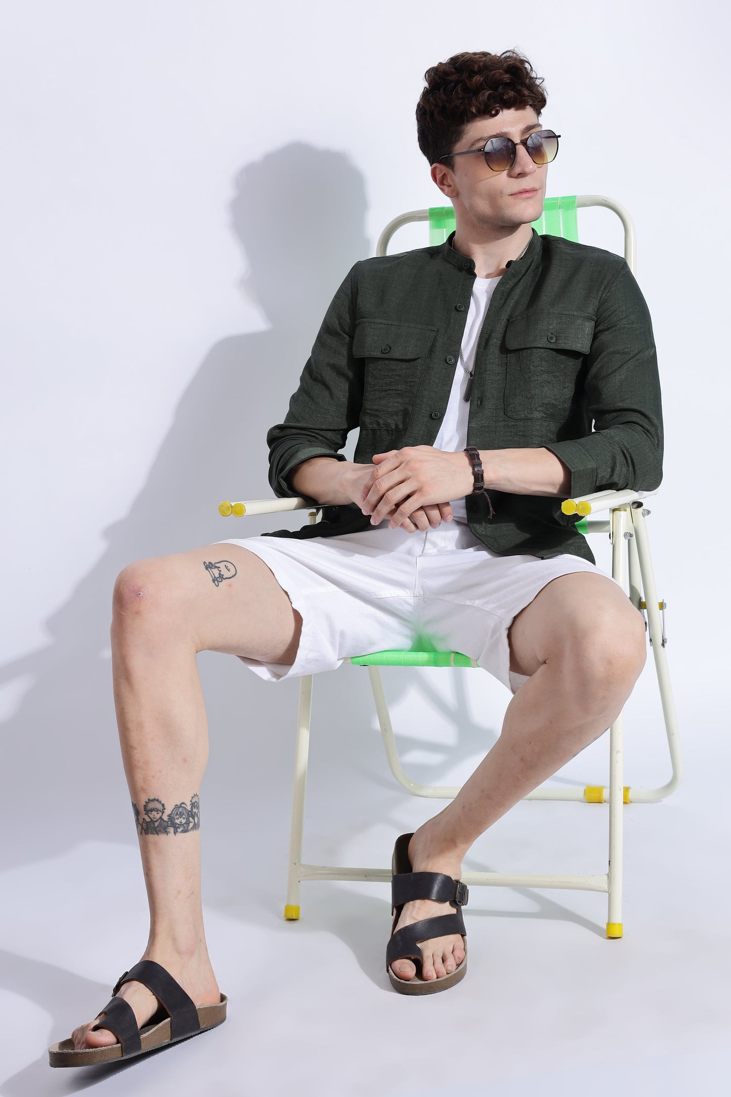 Men Air Linen Like DP Mandarine Shirt-Olive