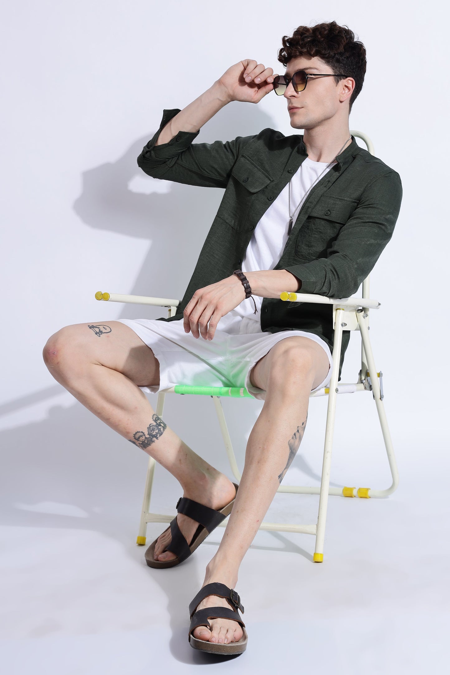 Men Air Linen Like DP Mandarine Shirt-Olive
