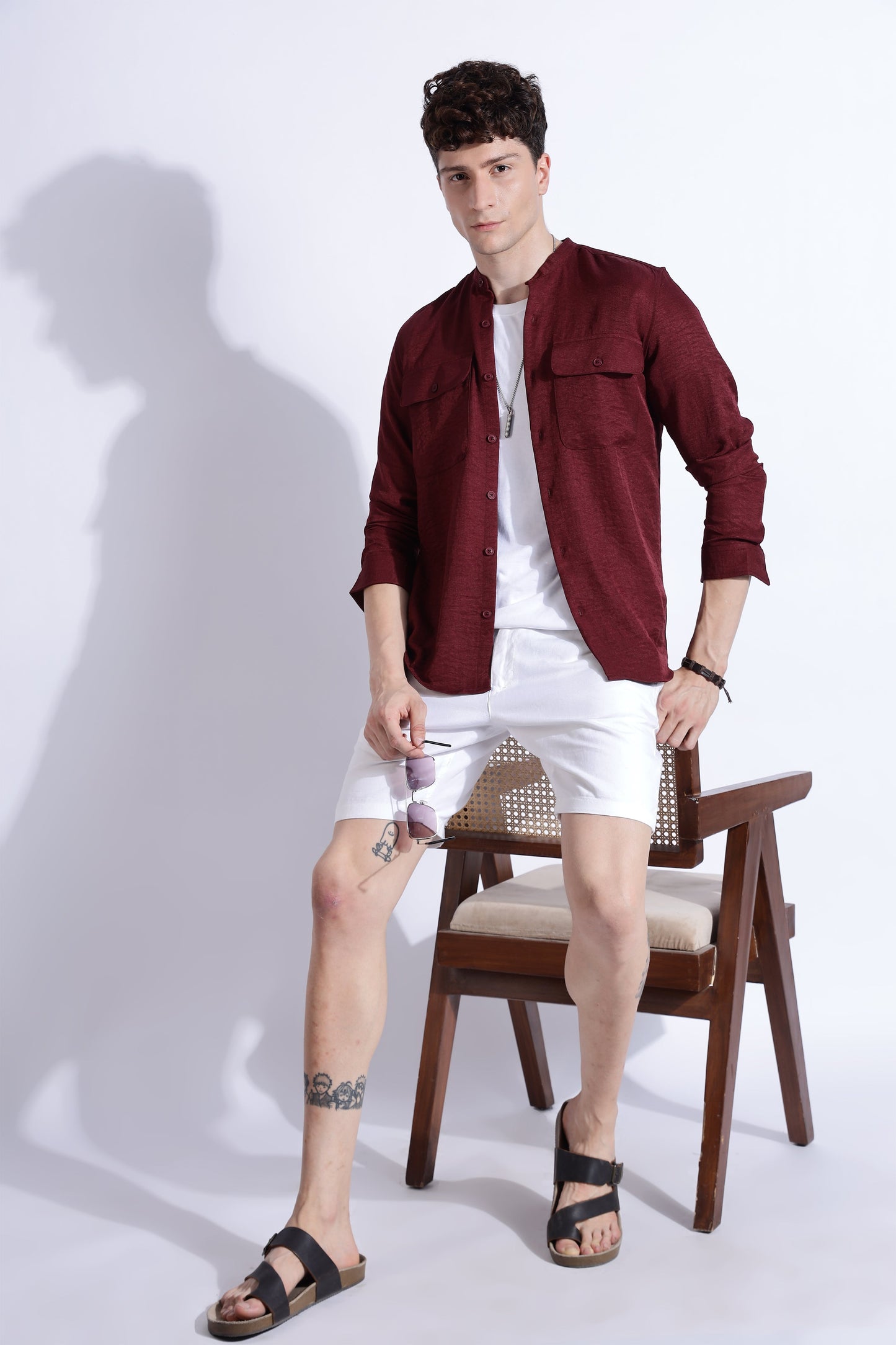 Men Air Linen Like DP Mandarine Shirt-Maroon