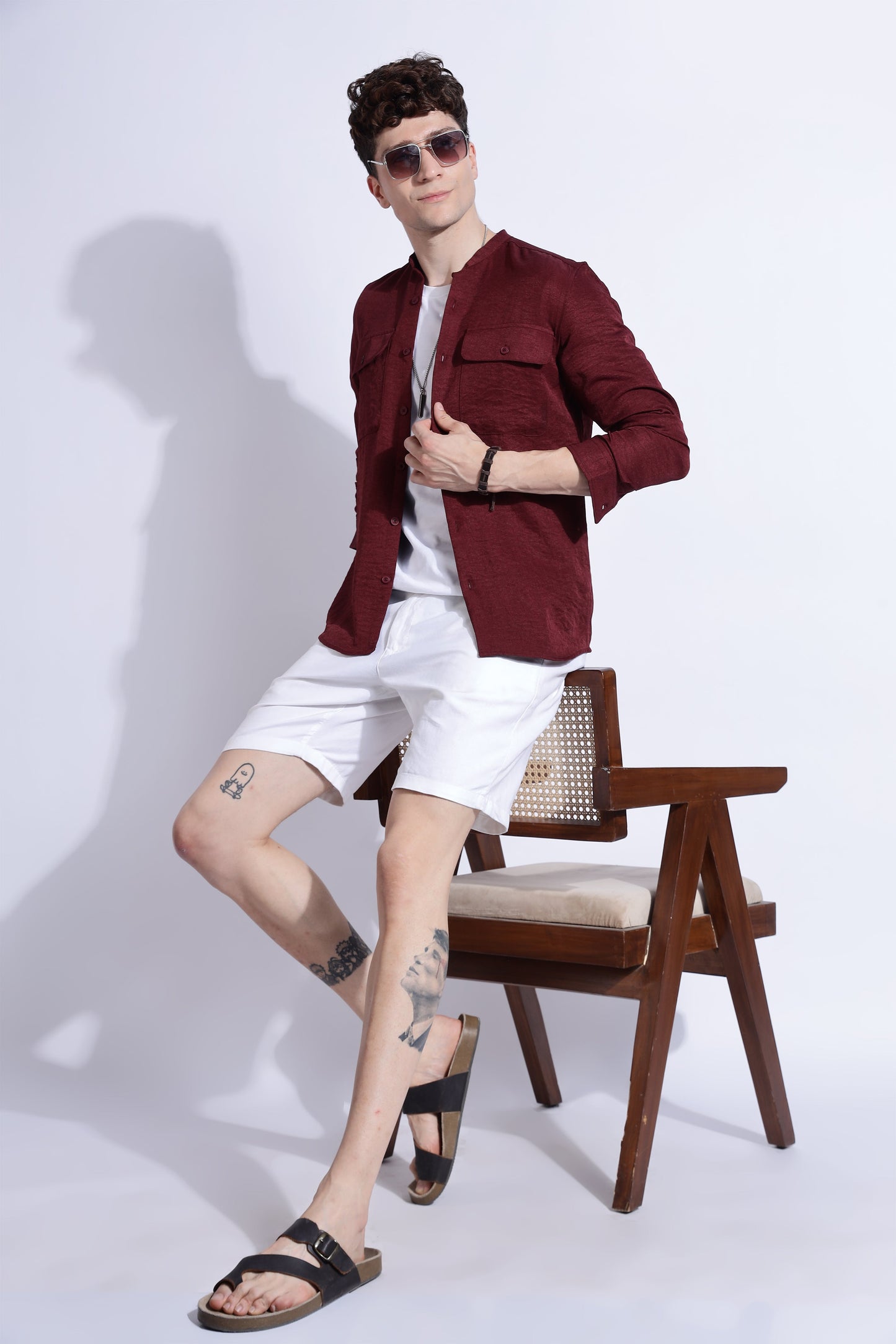 Men Air Linen Like DP Mandarine Shirt-Maroon