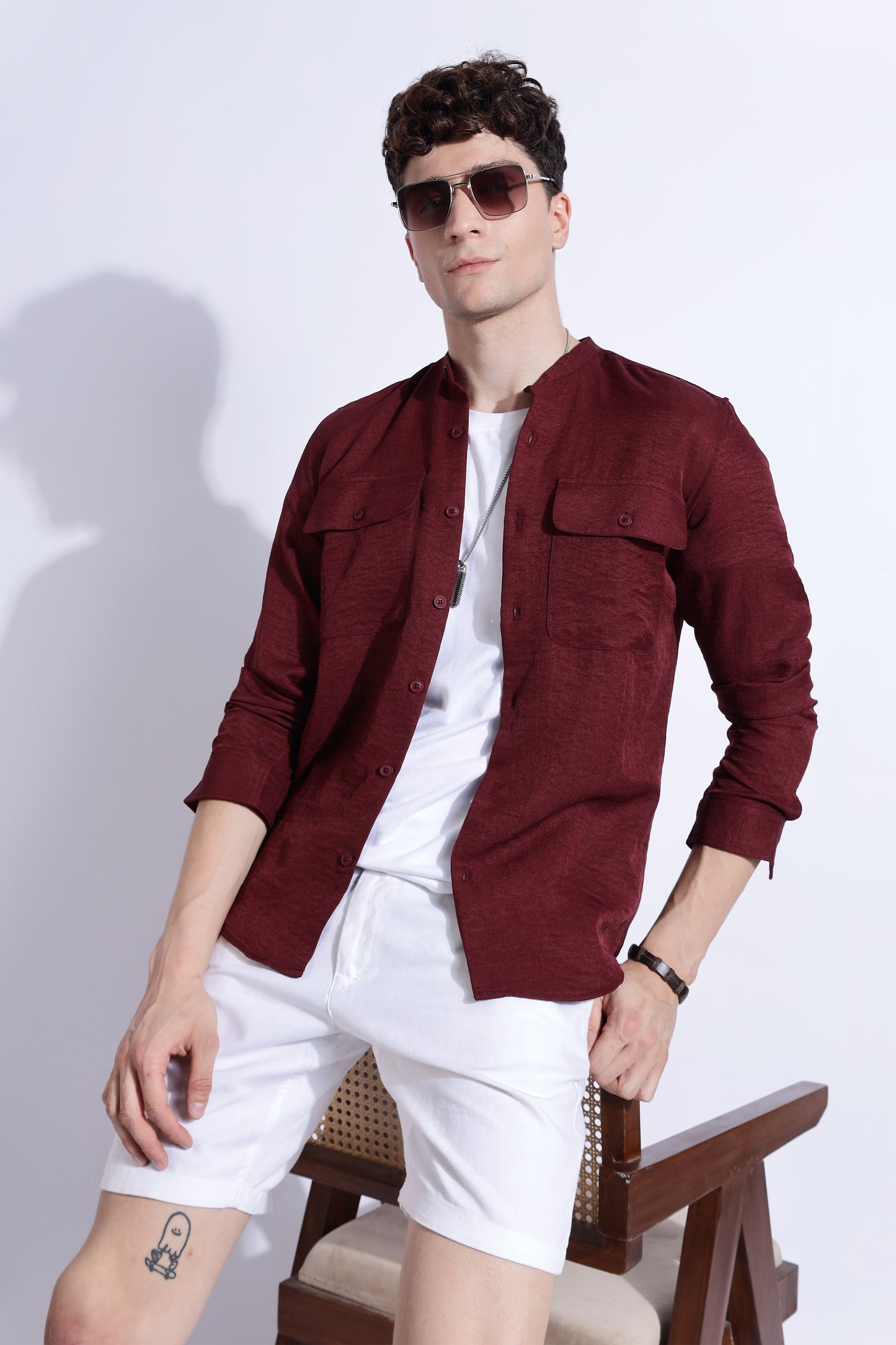 Men Air Linen Like DP Mandarine Shirt-Maroon