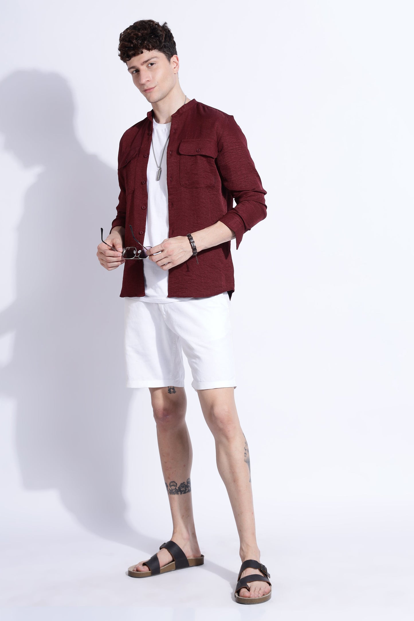 Men Air Linen Like DP Mandarine Shirt-Maroon