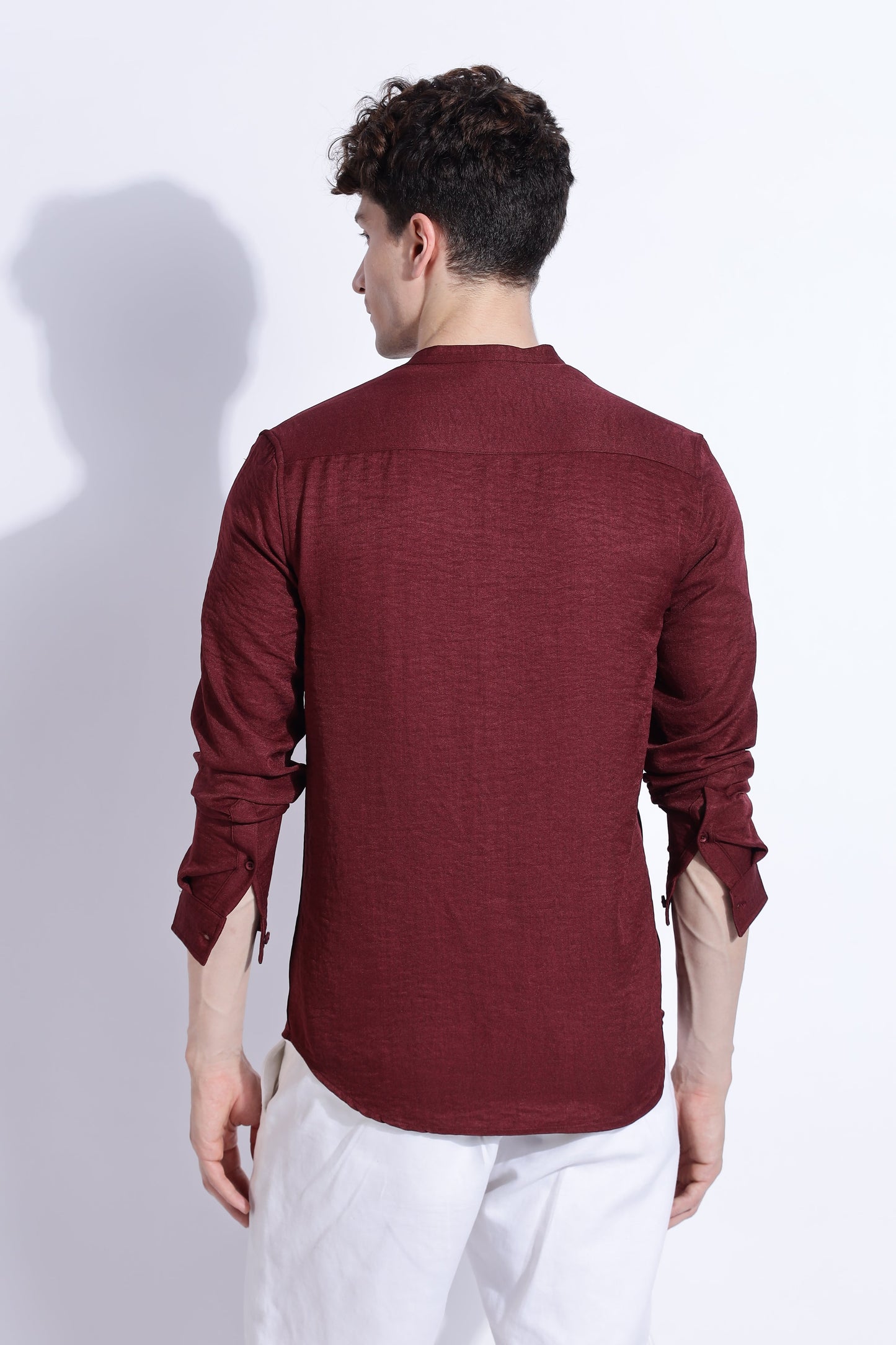 Men Air Linen Like DP Mandarine Shirt-Maroon