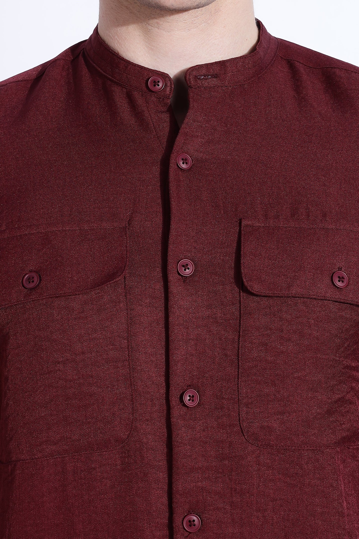 Men Air Linen Like DP Mandarine Shirt-Maroon