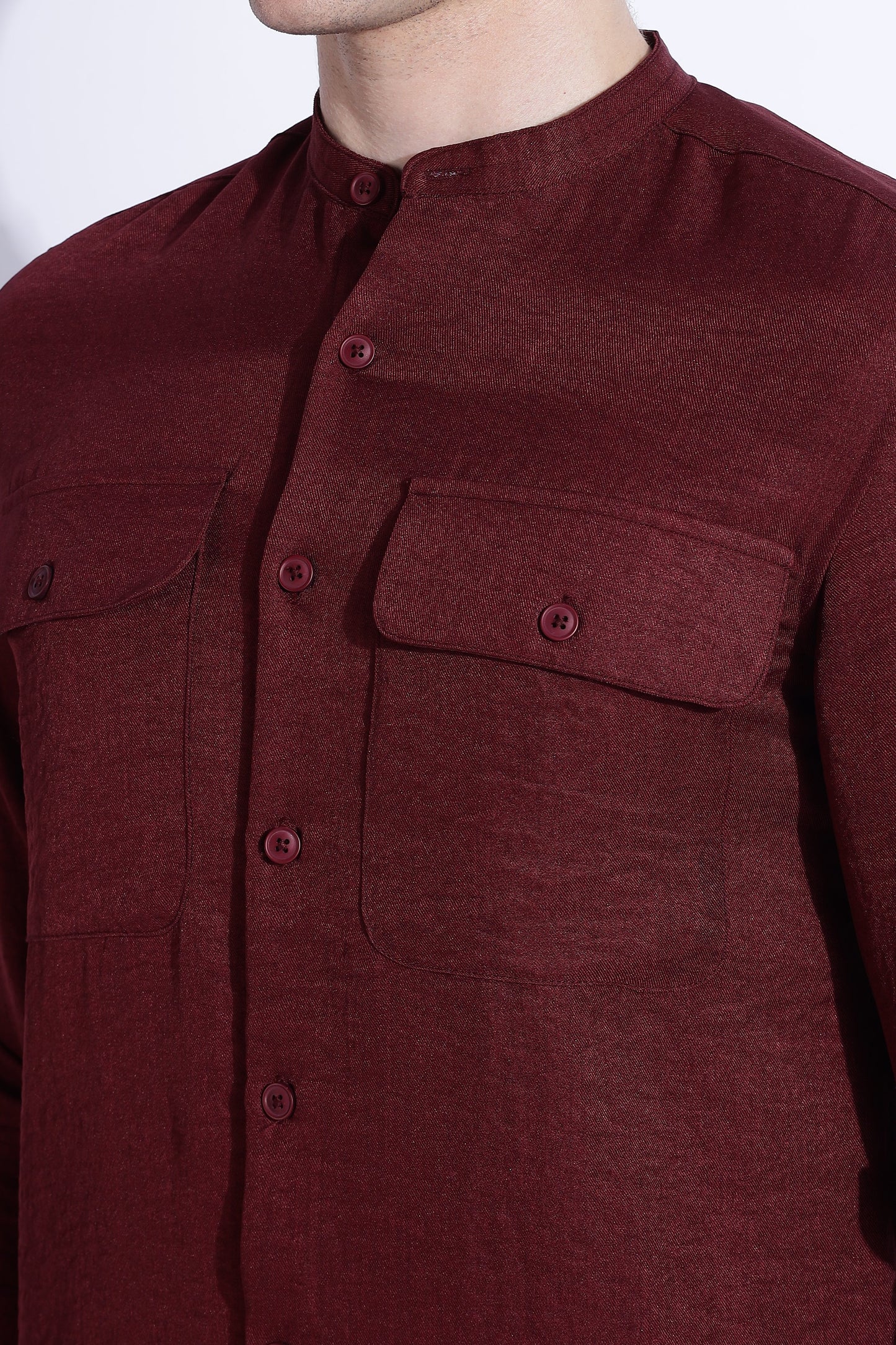 Men Air Linen Like DP Mandarine Shirt-Maroon