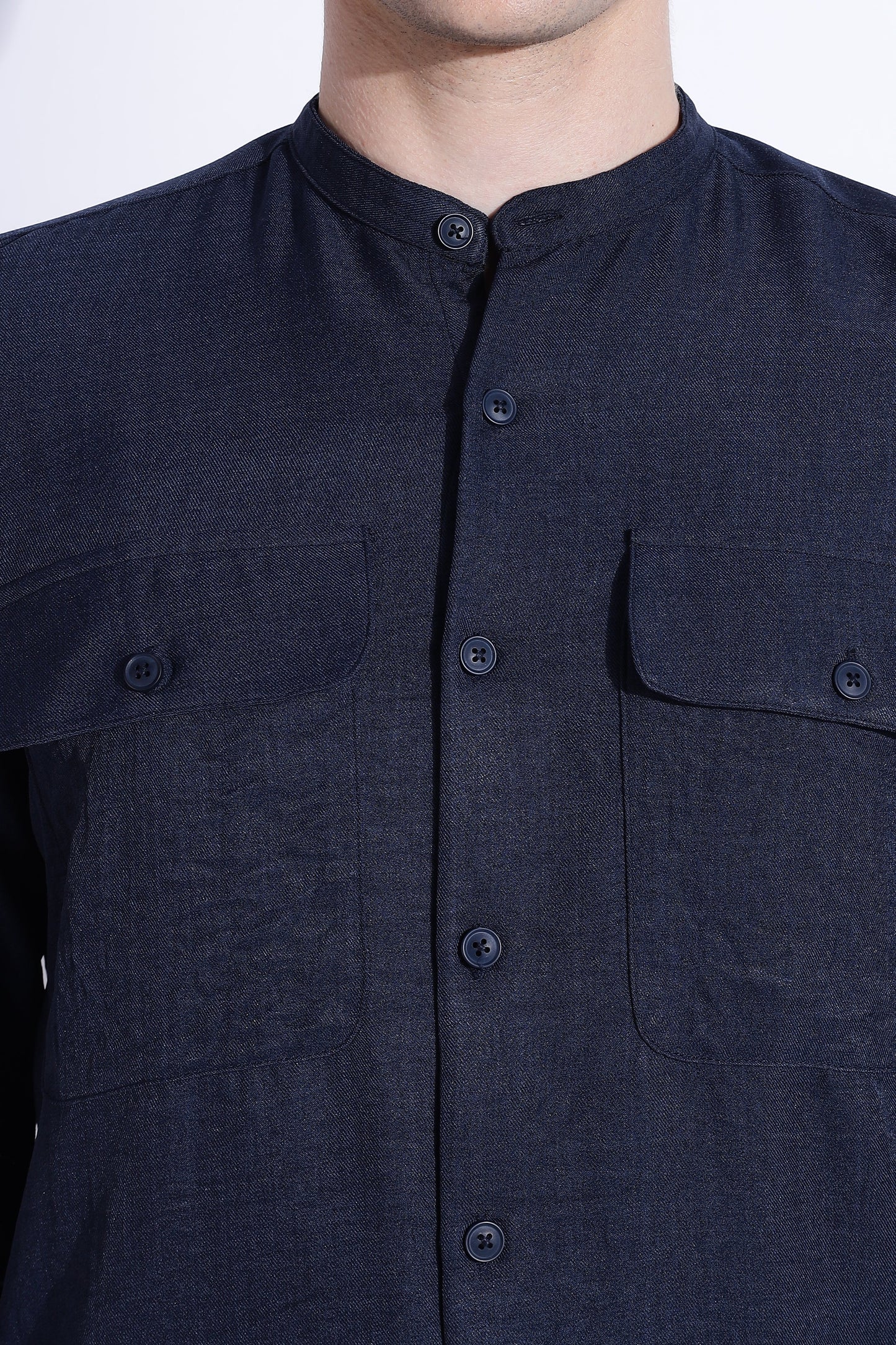 Men Air Linen Like DP Mandarine Shirt-Navy