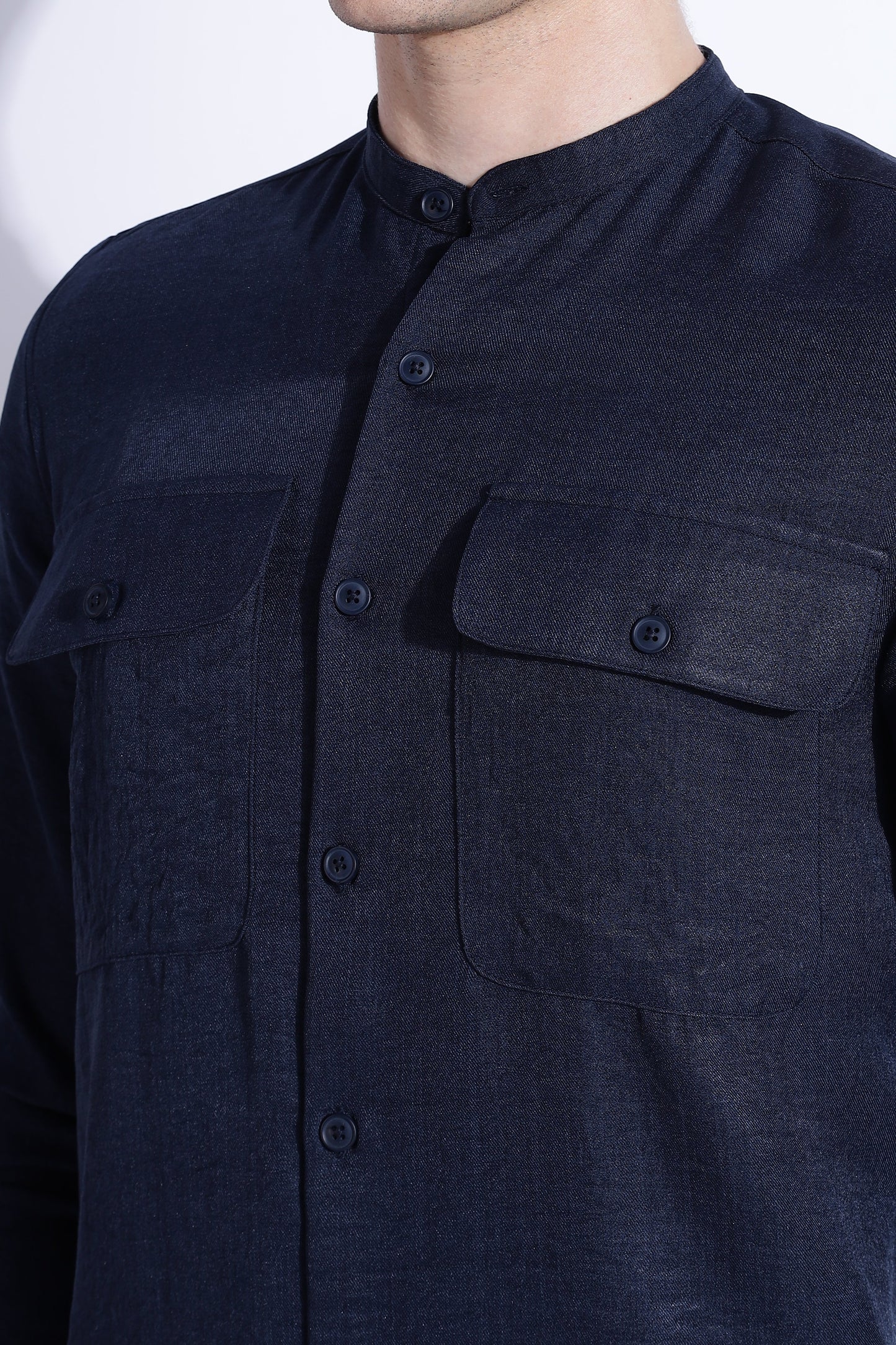Men Air Linen Like DP Mandarine Shirt-Navy