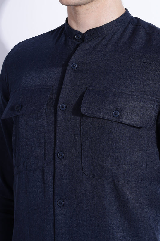 Men Air Linen Like DP Mandarine Shirt-Navy