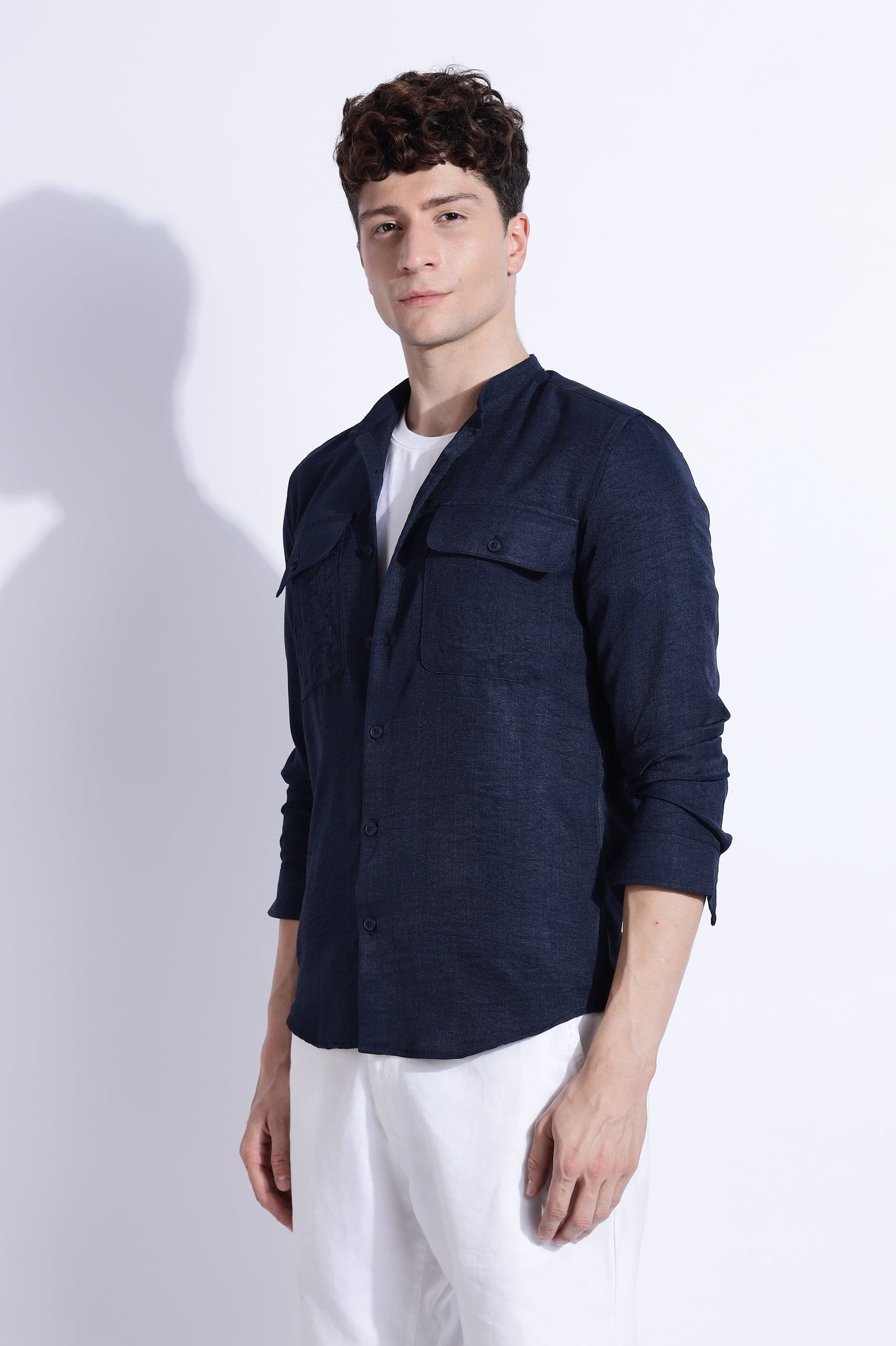 Men Air Linen Like DP Mandarine Shirt-Navy