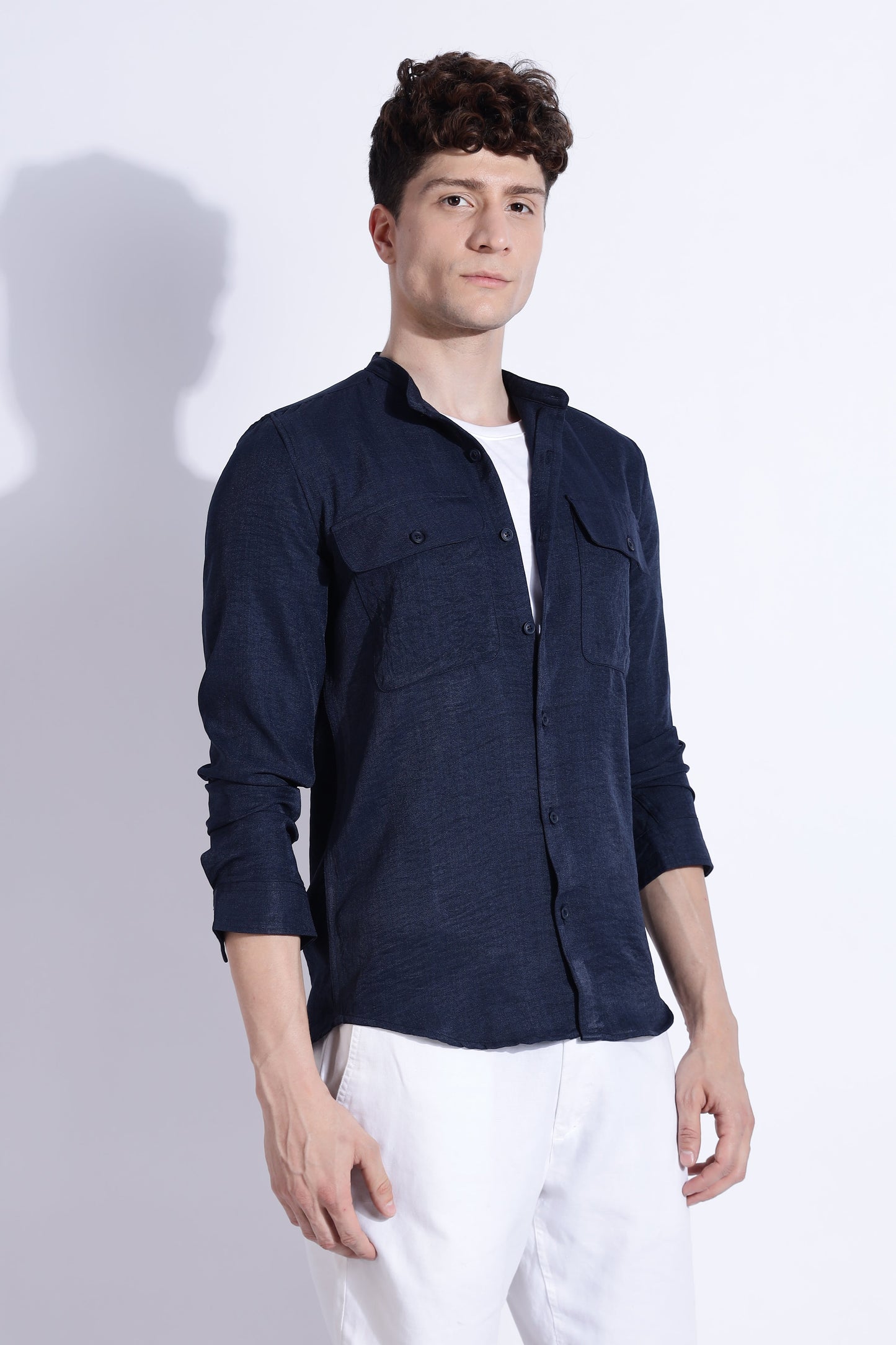 Men Air Linen Like DP Mandarine Shirt-Navy