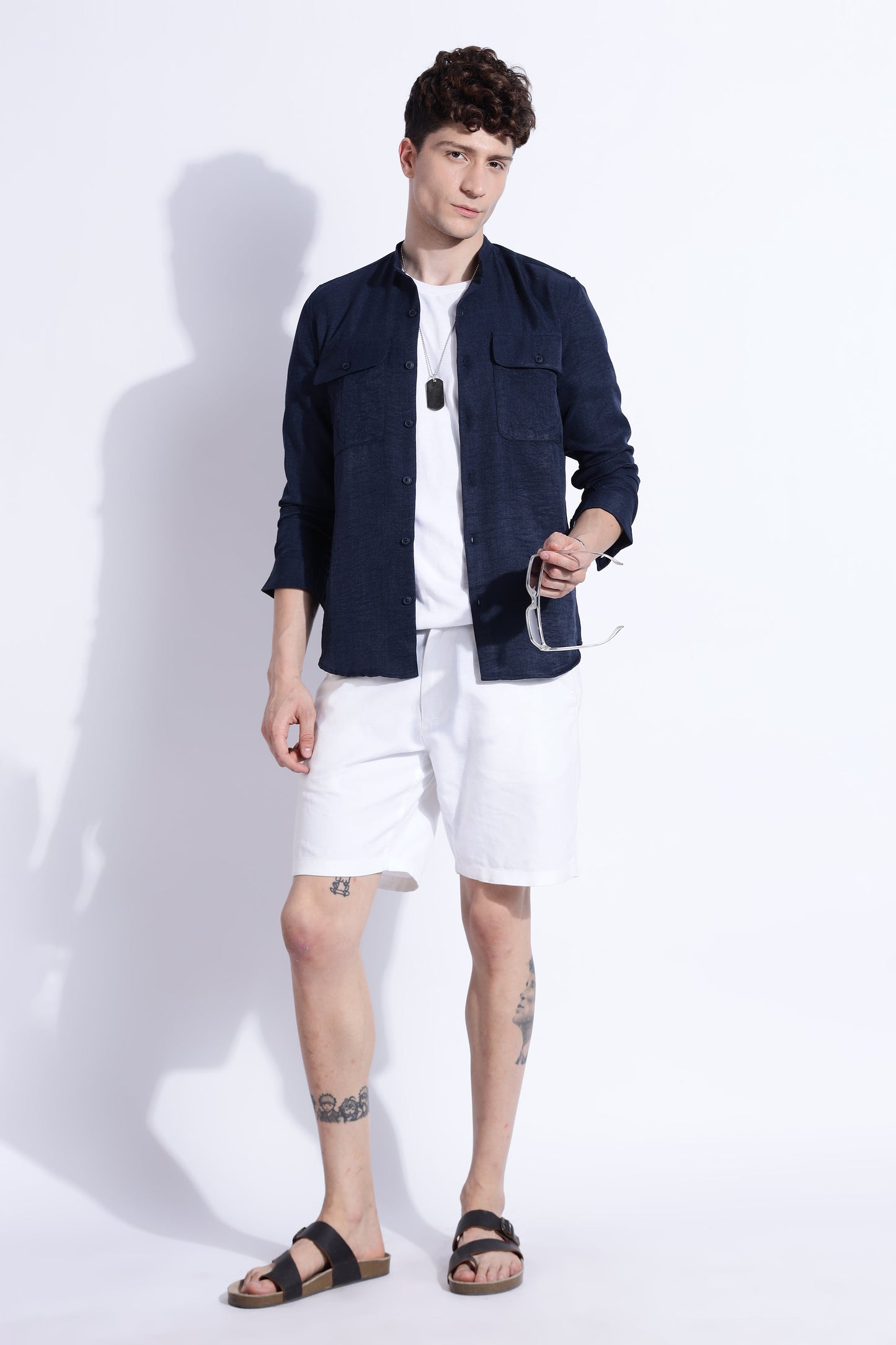 Men Air Linen Like DP Mandarine Shirt-Navy