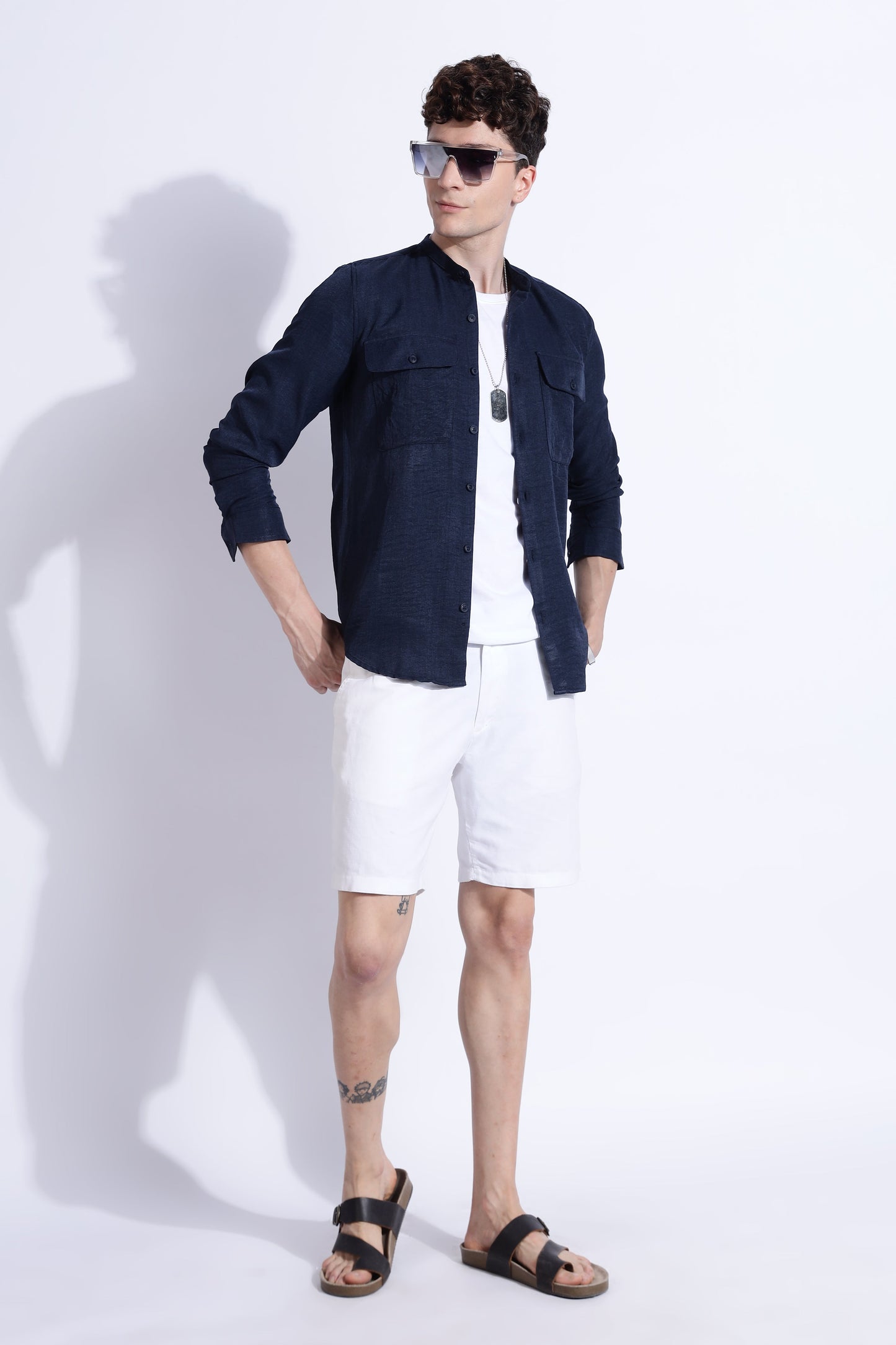 Men Air Linen Like DP Mandarine Shirt-Navy