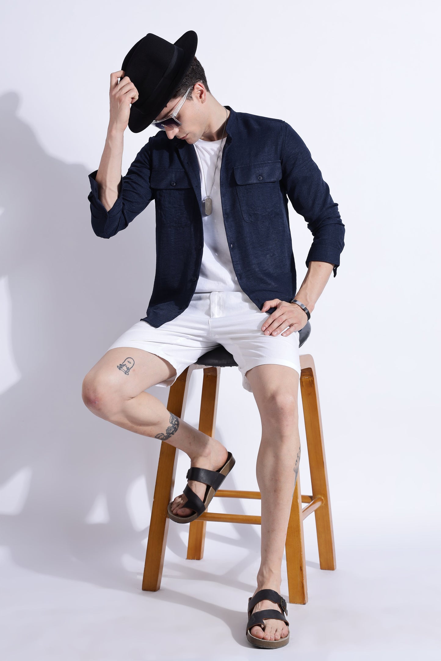 Men Air Linen Like DP Mandarine Shirt-Navy