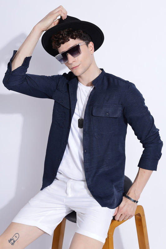 Men Air Linen Like DP Mandarine Shirt-Navy