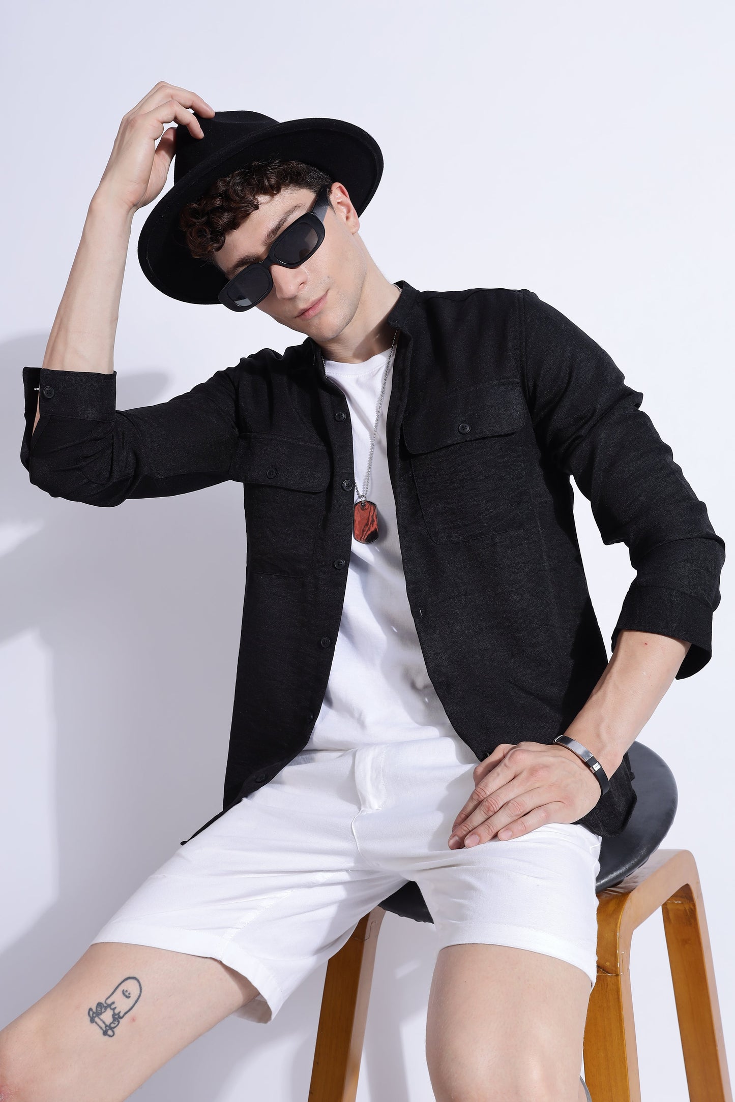 Men Air Linen Like DP Mandarine Shirt-Black