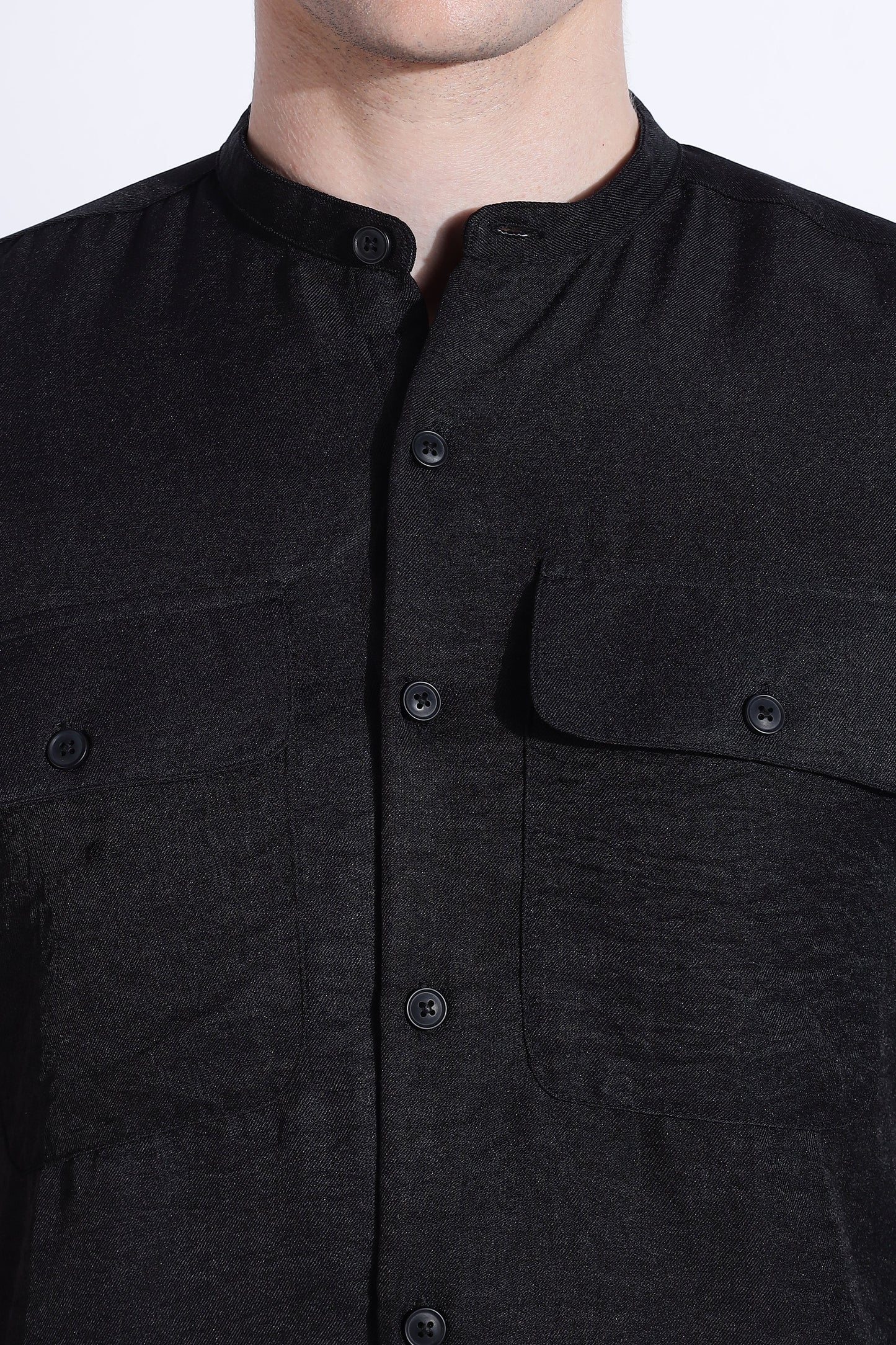 Men Air Linen Like DP Mandarine Shirt-Black