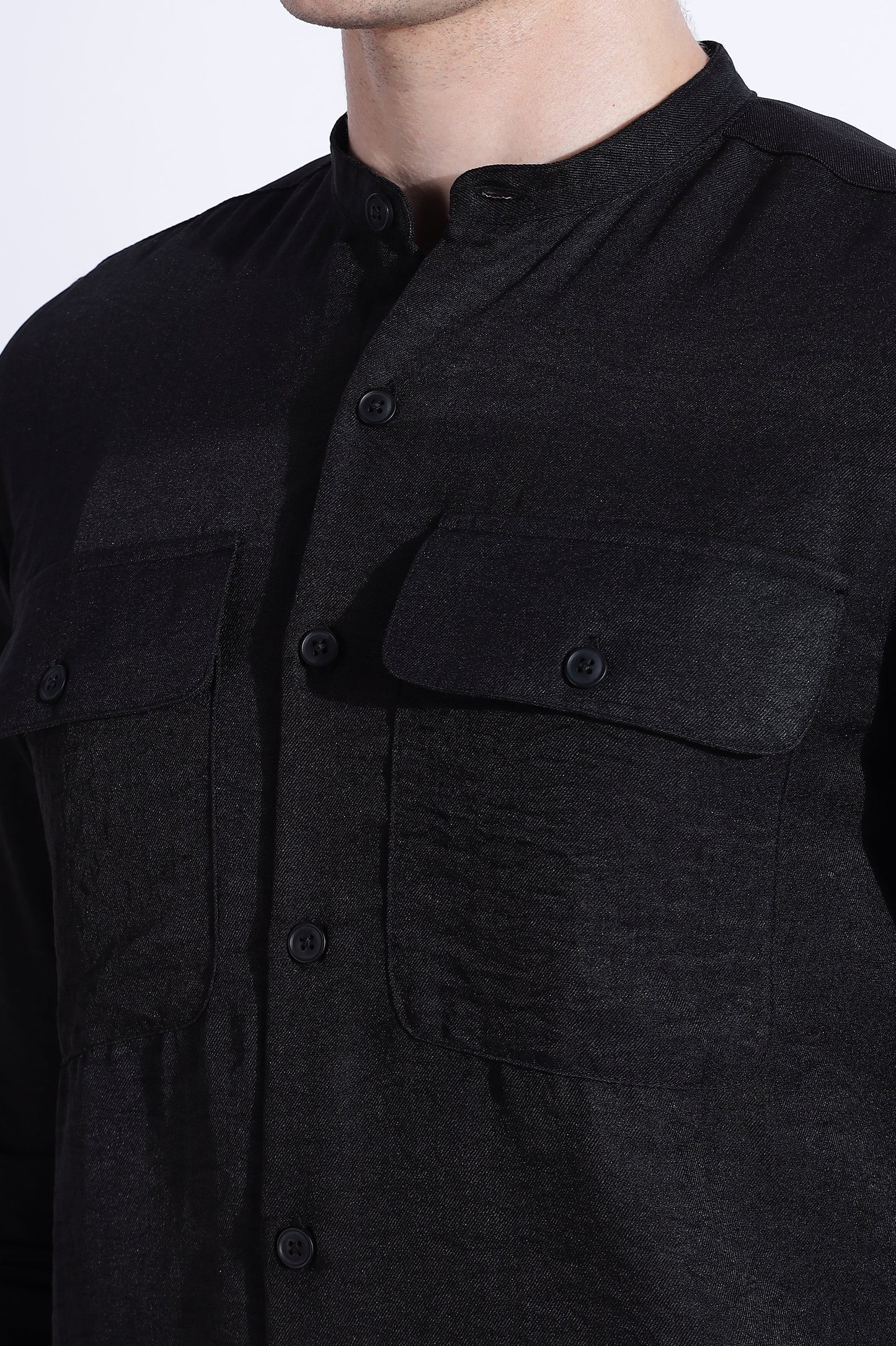 Men Air Linen Like DP Mandarine Shirt-Black