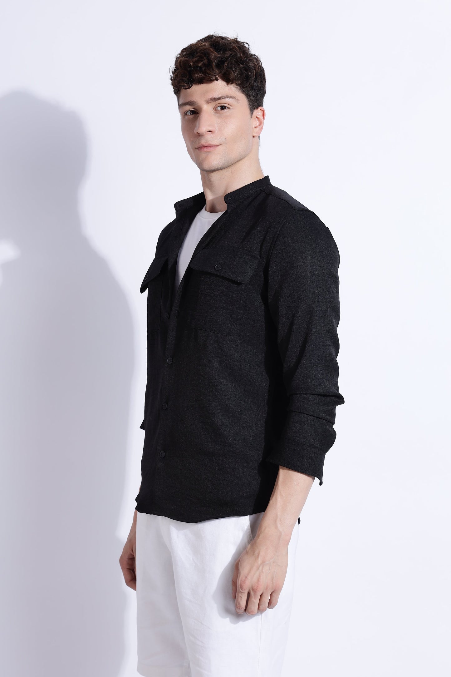 Men Air Linen Like DP Mandarine Shirt-Black